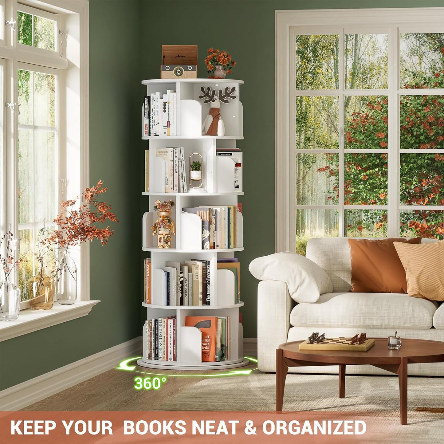 Rotating Bookshelf Tower, 5 Tier Spinning Bookcase, Revolving 360 Book Shelf Narrow Tall Bookcase, Vertical Turning Round Bookshelf Organizer, Wood Corner Book Shelf for Small Space, White