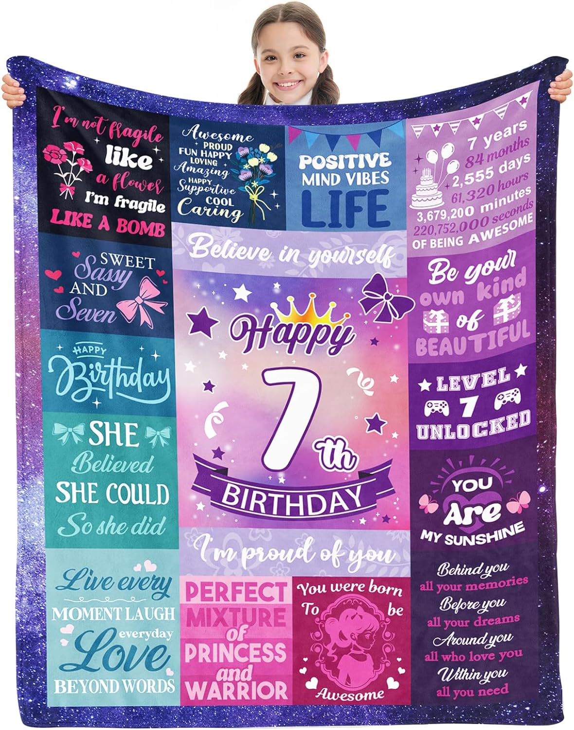 7 Year Old Girl Birthday Gift, Gifts for 7 Year Old Girls, Happy 7th Birthday Girls Throw Blanket 50 x 60 Inch, 7th Birthday Decorations for Girl