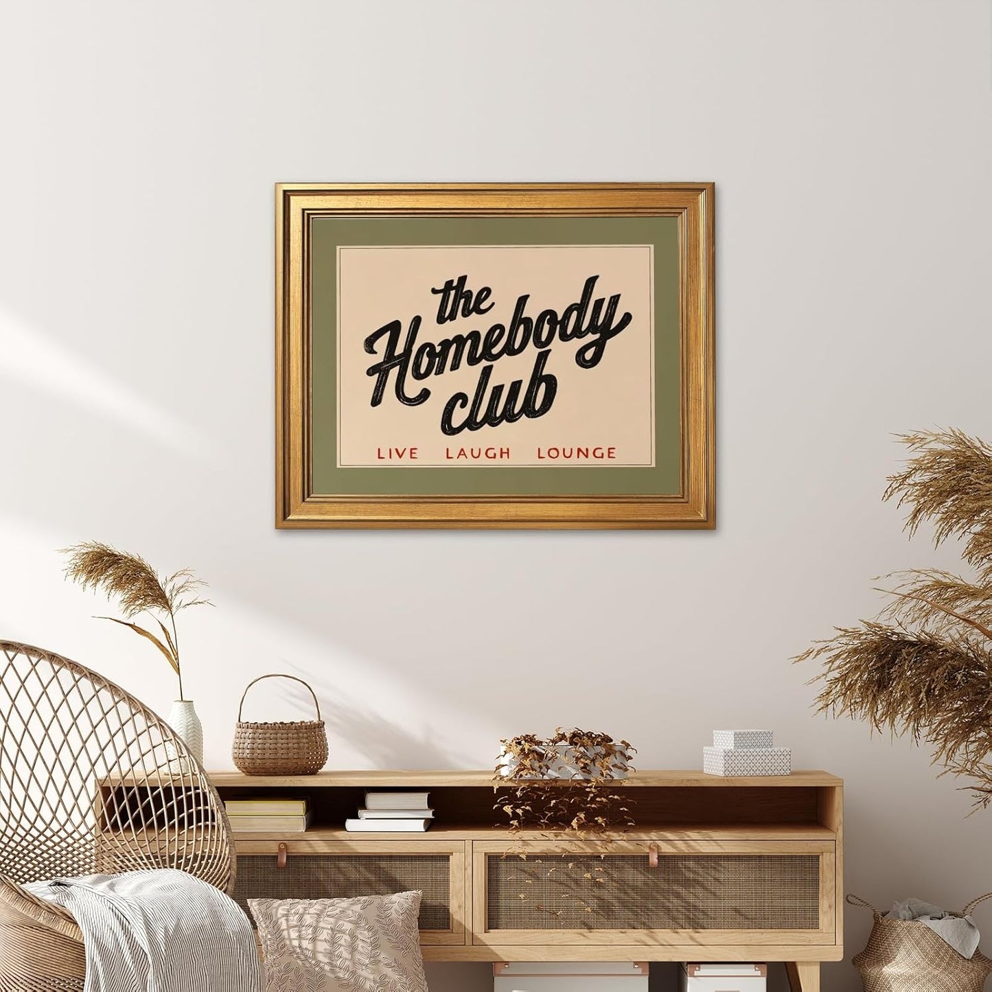 Retro The Homebody Club Canvas Wall Art Prints Funny Quotes Poster Cozy Green and Beige Aesthetic Art Posters Vintage Trendy Funky Quote Wall Decor for Bedroom 24x36inch Golden Frame