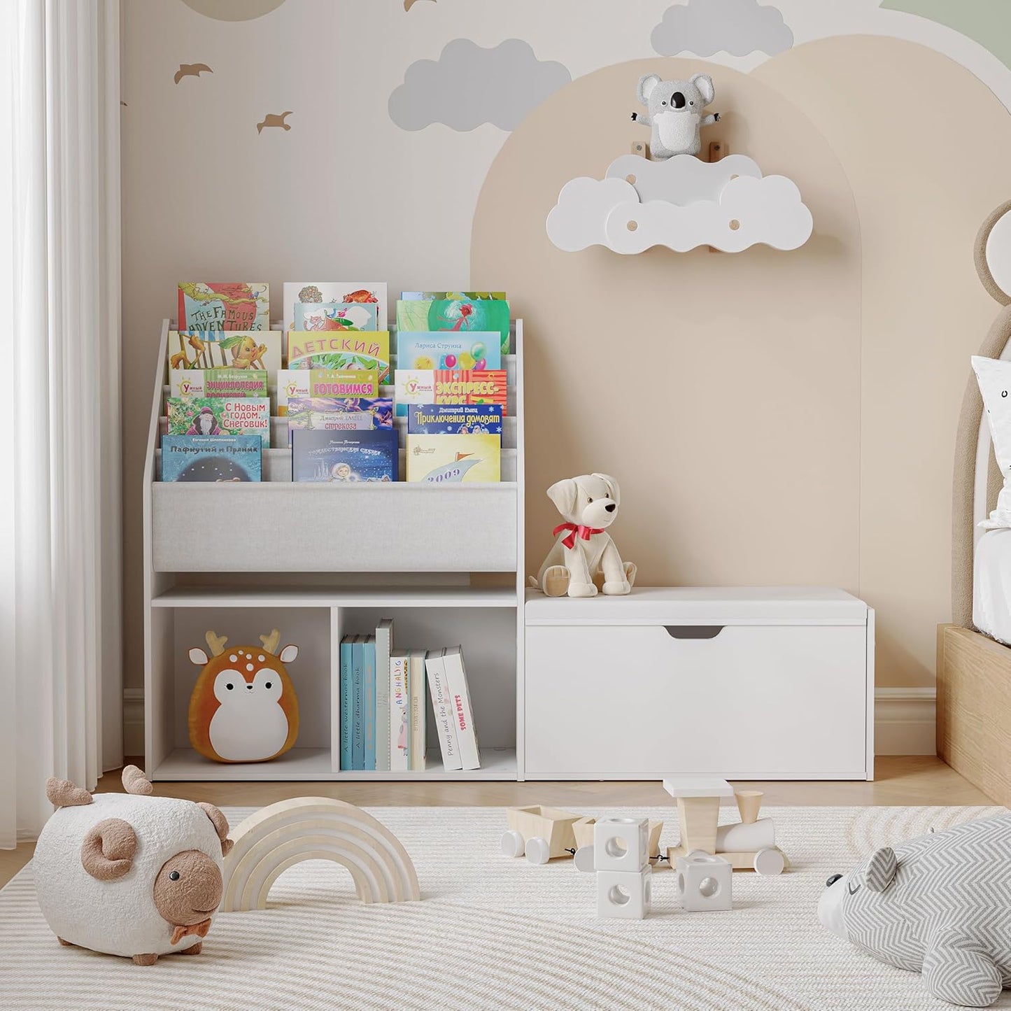 47.2’’ Kids Bookshelf with Reading Nook, Toy Storage Organizer with Seat Cushion, 5-Tier Sling Bookcase and Storage with Bench, for Playroom, Kids Room, Living Room, Nursery, White KBWT8501