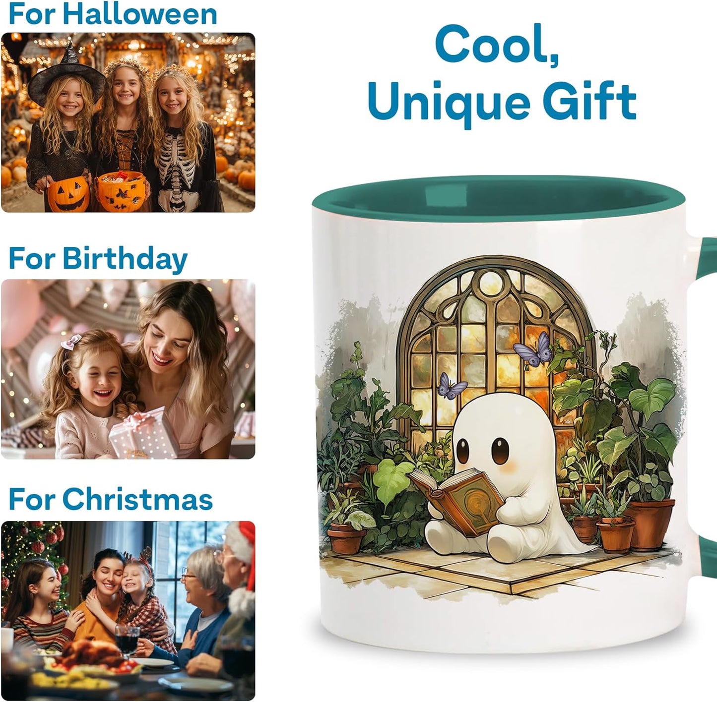 Hyturtle Cute Ghost Reading Coffee Mug with Spoon Gifts For Book Lovers, Plant Lovers On Birthday Christmas, Reading Cup Gifts For Girl Women, Book Club Gift Keepsake 11oz White Green Ceramic Tea Cup