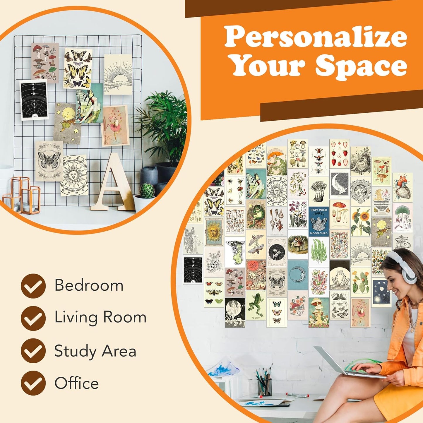 Artivo Vintage Wall Collage Kit Aesthetic Pictures 60 Set 4x6 inch, Cottagecore Room Decor, Vintage Posters Aesthetic, Cute Teen Wall Decor