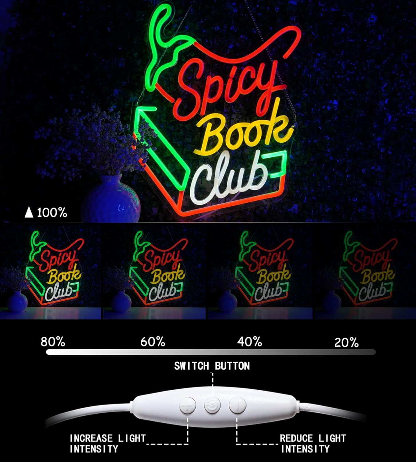Spicy Book Club Neon Sign Led Light, Neon Wall Sign For Bedroom, Reading Room, Study Space, Library, Bookstore Decoration Birthday Christmas Gift For Book Lovers