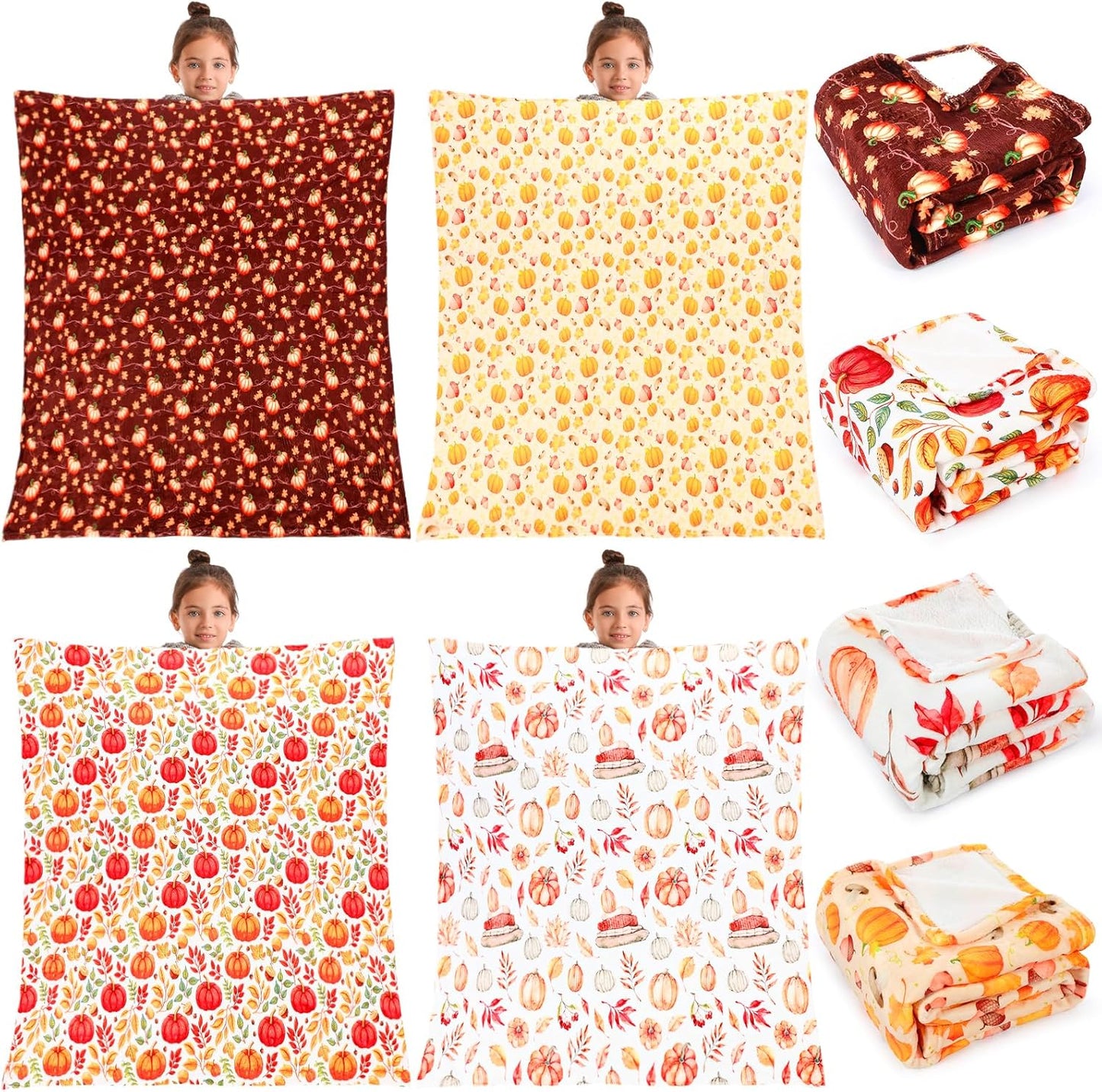 4 Pack Fall Blanket Bulk Pumpkin Throw Blanket Maple Leaf Autumn Harvest Flannel Blankets Warm Lightweight Soft Cozy Thanksgiving Fall Plush Blankets for Couch Sofa Bedroom 51"x59"