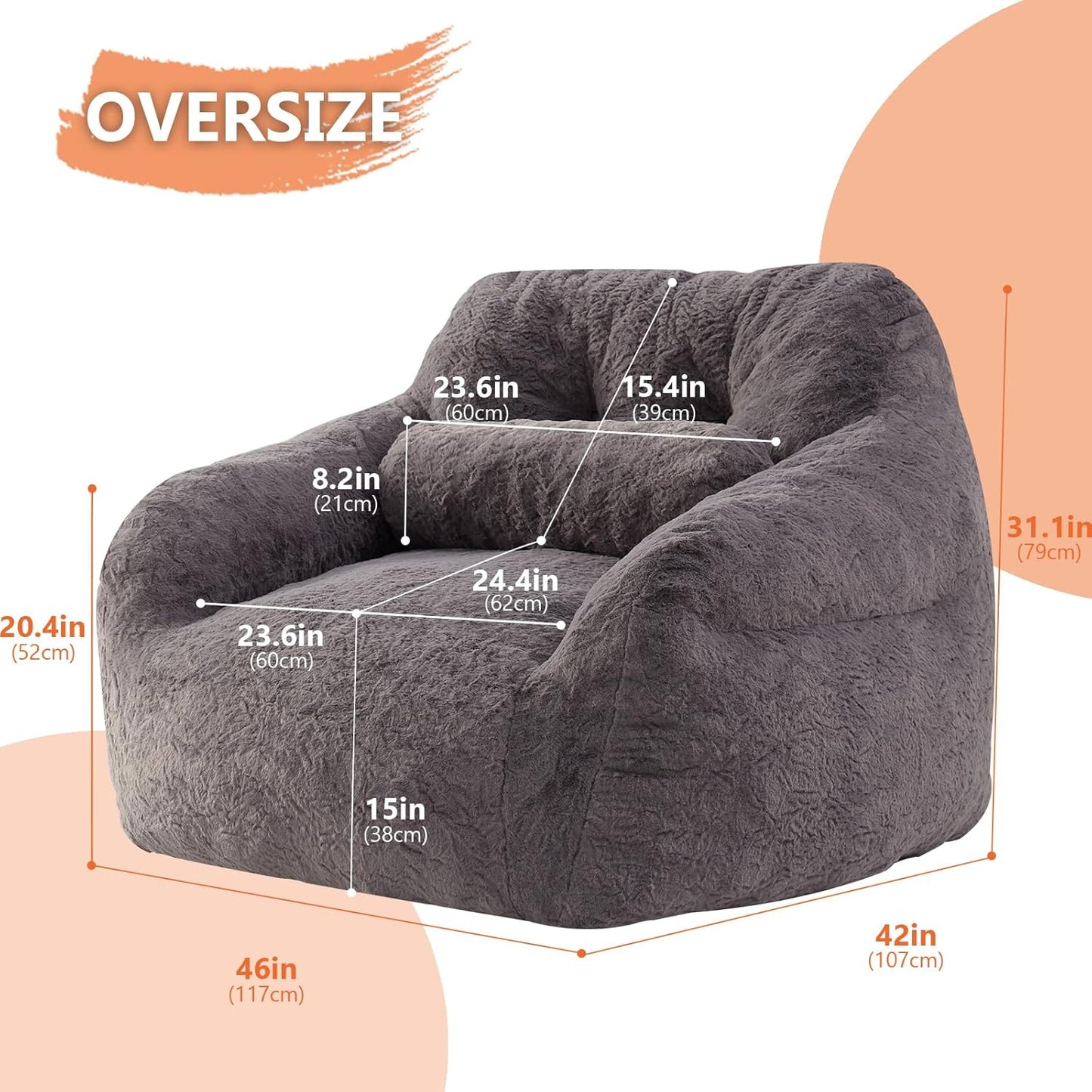 Bean Bag Chair for Adults with Pillow,Oversized Bean Bag Couch for Adults and Kids,Giant Lazy Couch Sofa Chairs with Filler,Large Reading Chair for Living Room Bedroom,Dark Gray