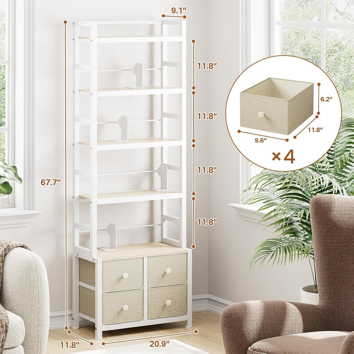 5 Tier Bookshelf, Modern Bookcase with Bookends and 4 Drawers Storage Organizer, Metal Industrial Display Shelf, Free Standing Storage Shelving Unit for Bedroom, Living Room and Home Office