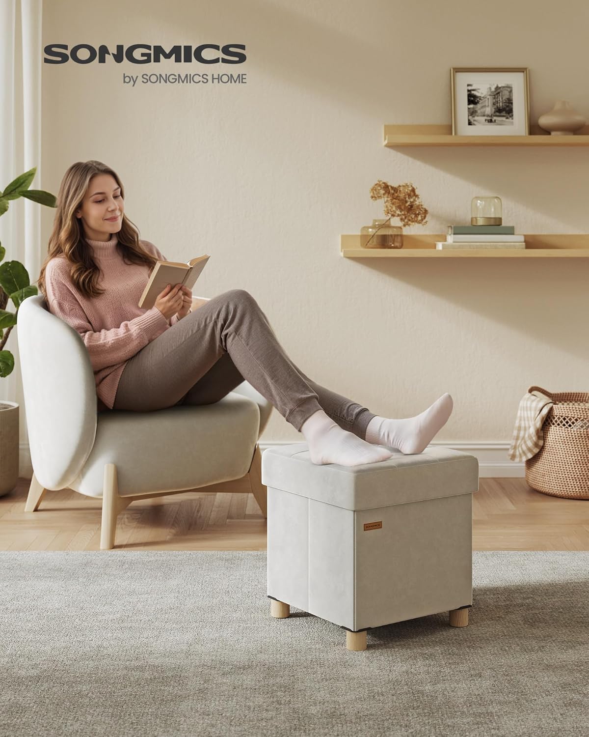SONGMICS Small Storage Ottoman, Folding Ottoman Cube, 15 x 15 x 15.7 Inches, Footstool, Footrest, 10 Gal. (37 L), Velvet Surface, for Bedroom, Living Room, Dorm, Cappuccino Beige ULSF0516W02