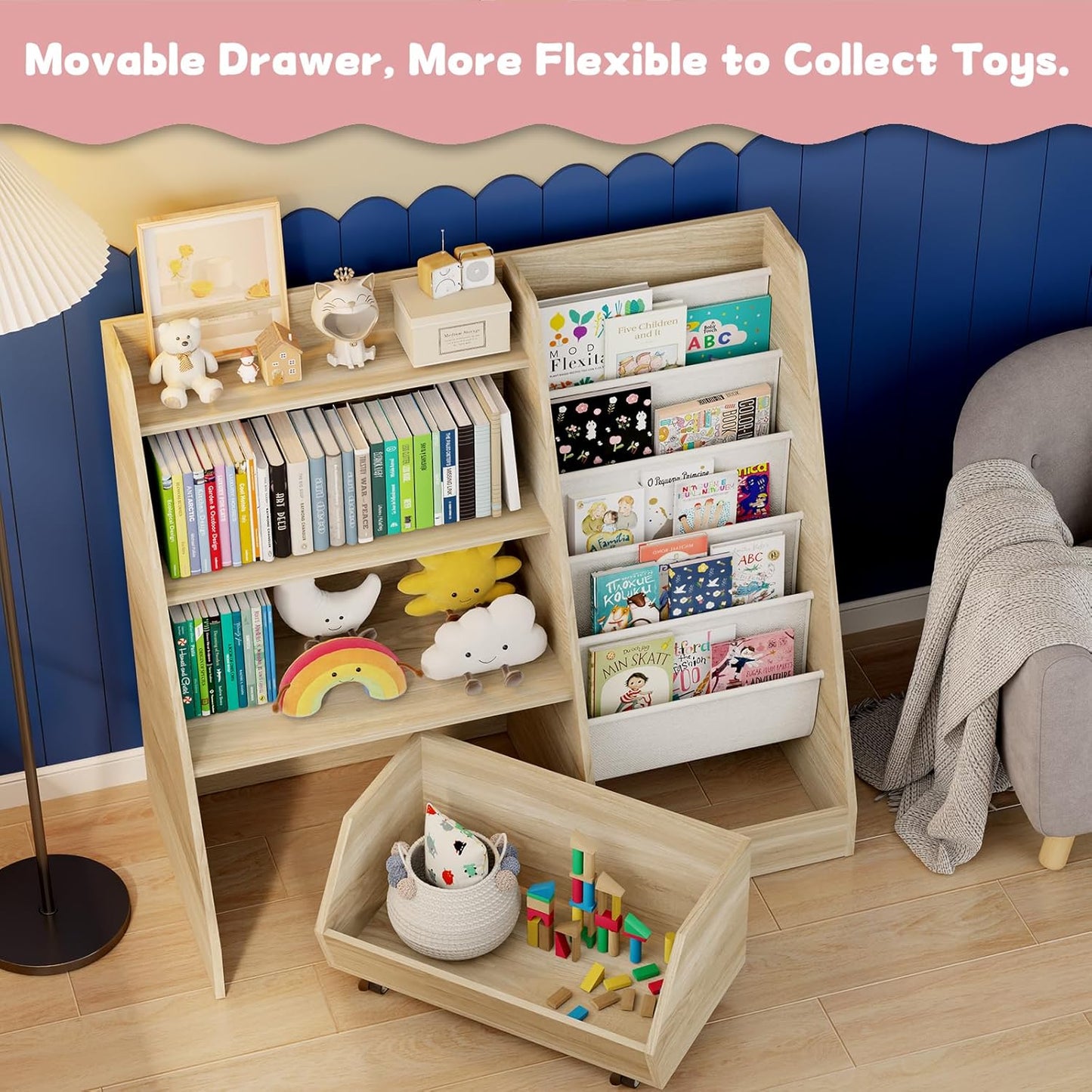 COZPAW Kids Bookshelf and Toy Storage, 4 Tier Toddler Bookshelf with Movable Drawer (Oak)