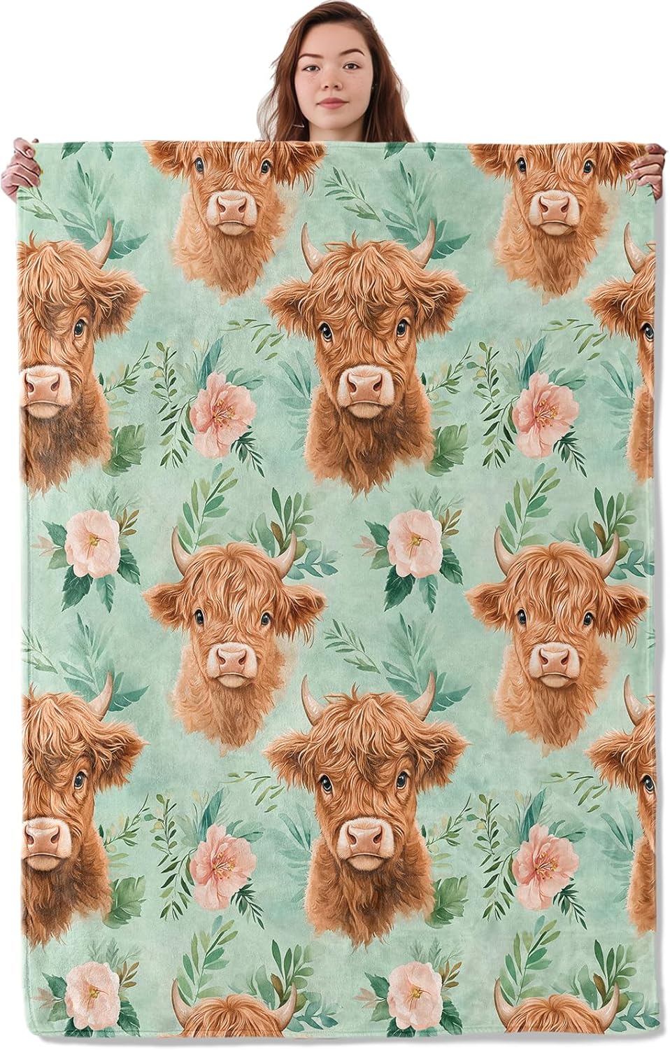 Lovely Highland Cow Blanket, Soft Warm Cozy Blush Flowers Throw Blanket Gifts for Adults Kids Women, Lightweight Fuzzy Comfy Flannel Blankets for Couch, Travel, Bed, House Decor 60×50 Inch