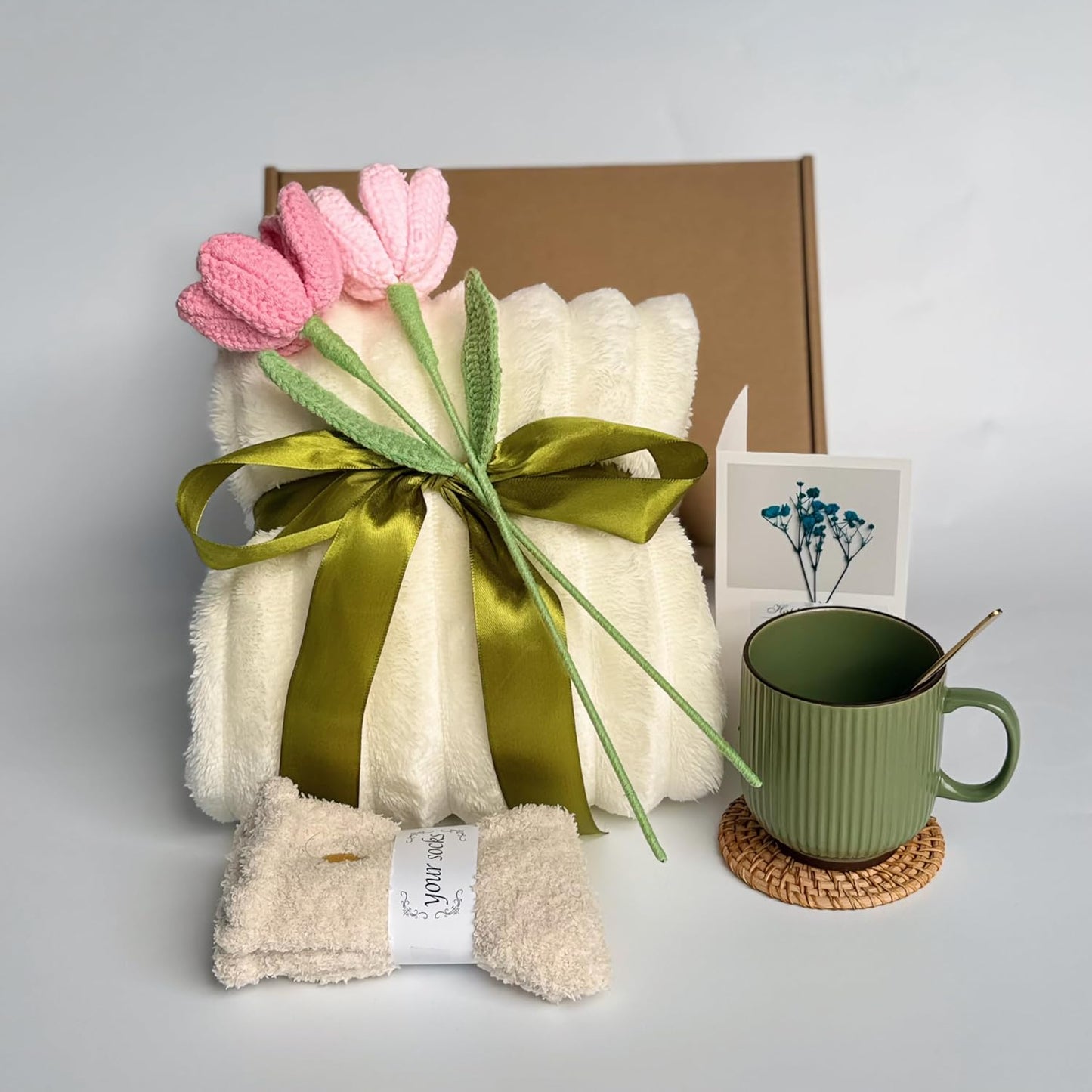 Self Care Gift Basket for Women – 8-Piece Thoughtful Present for Birthdays, Mother's Day, Graduation, Recovery, Mental Wellness, Knit Tulip Gift Throw Blanket,Self Love Box,Happy Birthday Gifts.