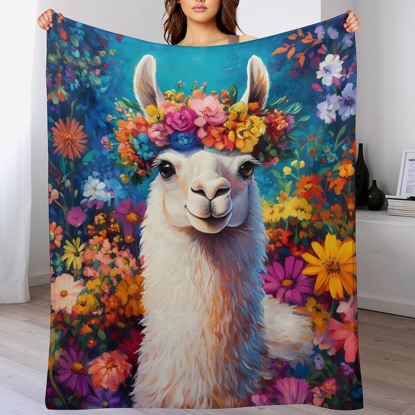 Llama Flower Throw Blanket for Couch Bed Plush Cozy Fuzzy Flannel Blanket for All Season 50"x60"