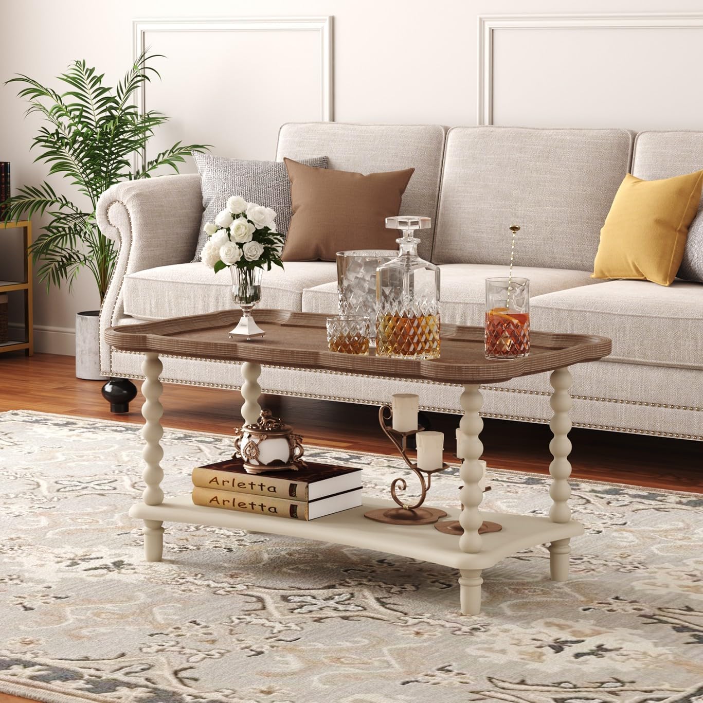 Function Home Farmhouse Coffee Table, Rustic White French Country Center Table with Storage Shelf, Wood Coffee Tables for Living Room Dining Room, Natural Tray Top and Vintage White Spindle Legs