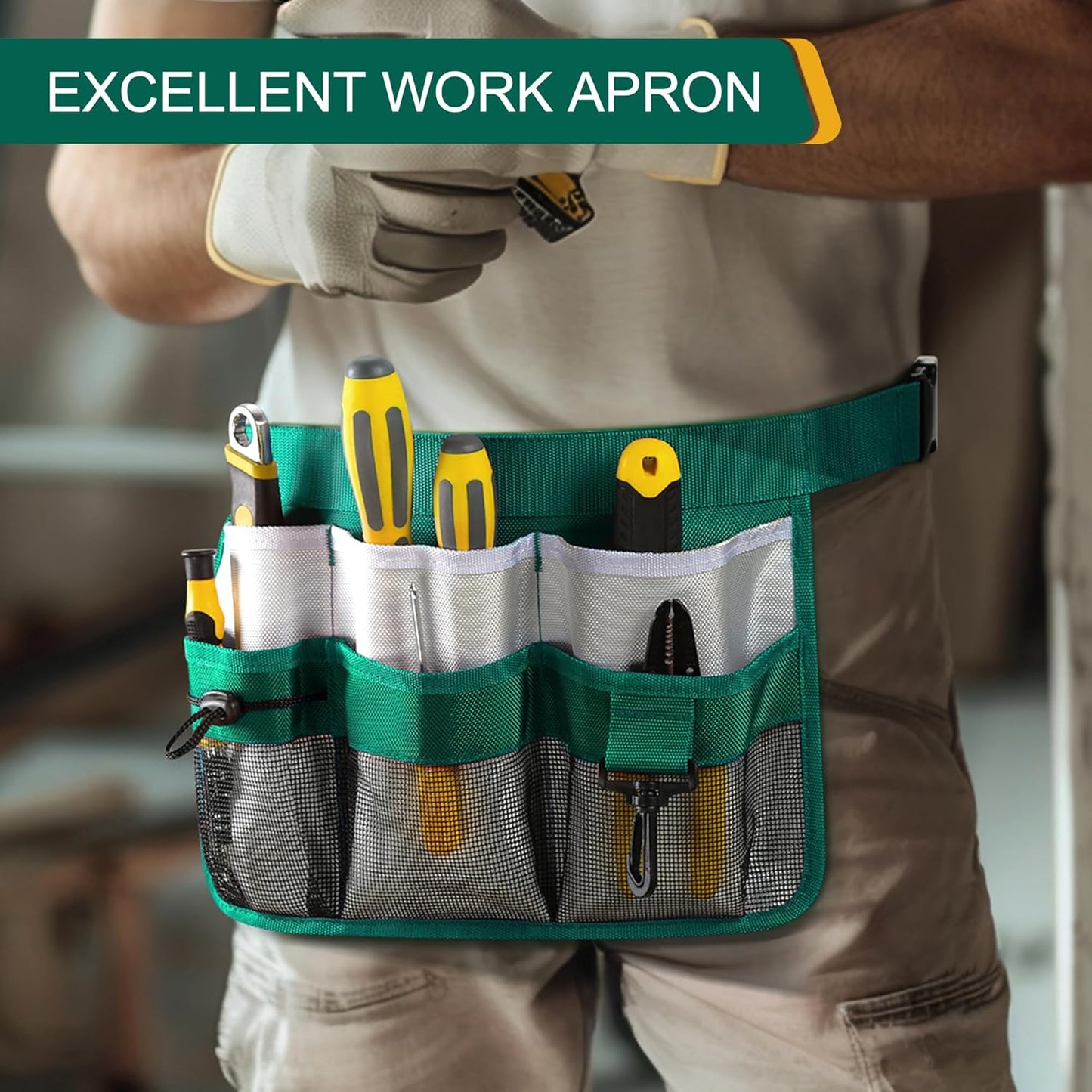 Garden Apron for Women, Adjustable Tool Belt with 8 Pockets - Heavy Duty Oxford Work Belt for Gardening, Construction (Green)