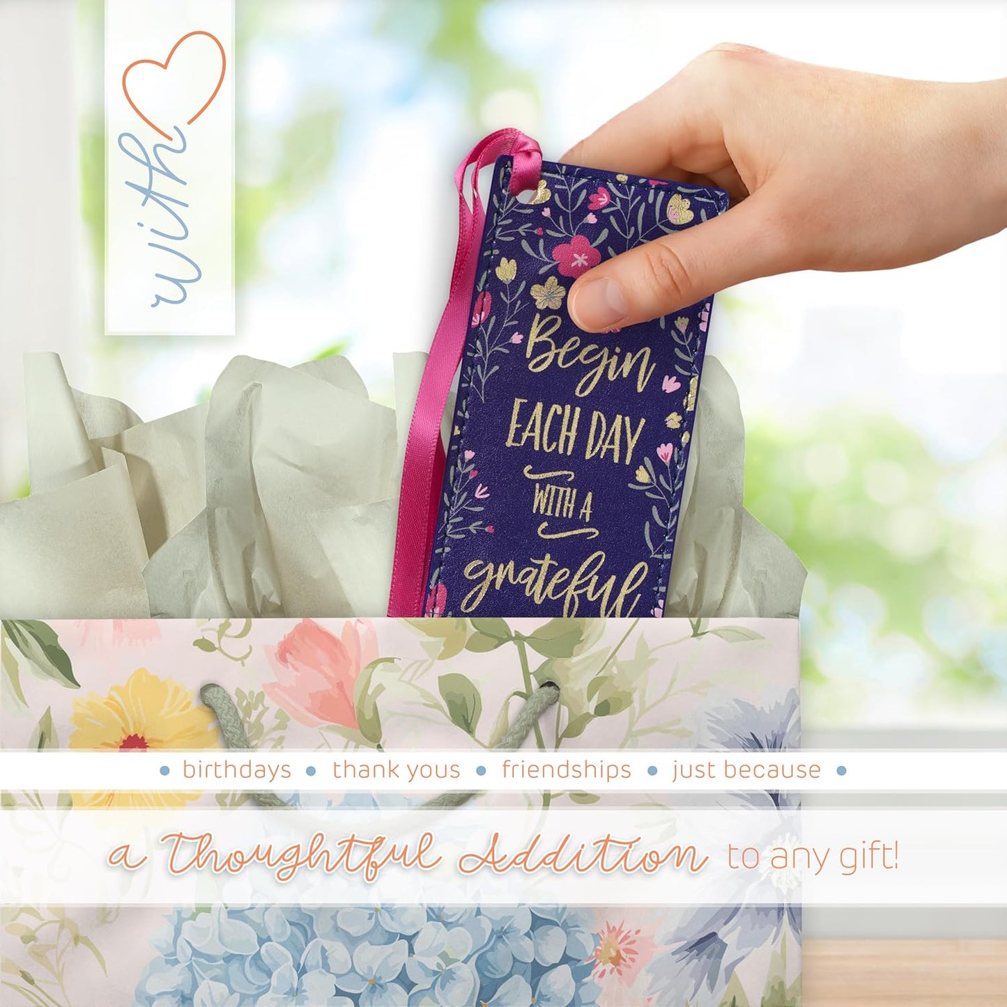With Love Pink/Blue Faux Leather Bookmark for Women, Begin Each Day with A Grateful Heart Floral Debossed Design w/Gold Accents/Ribbon Tassel, Inspirational Encouraging Book Accessory for Booklovers