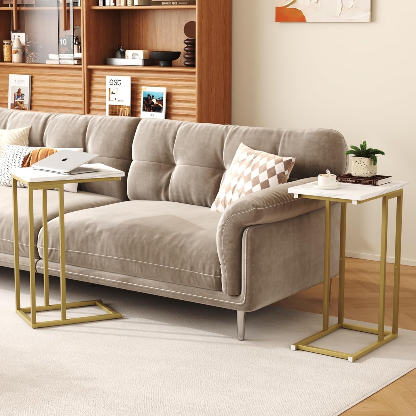 Function Home C Shaped End Table, Small Side Tables for Sofa Bed, Couch Tables That Slide Under, Drink Snack Table for Living Room Bedroom Small Space, White Wood Top and Gold Metal Frame