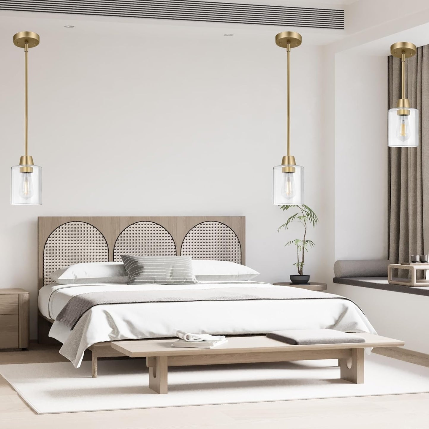 3 Pack 1 Light Brass Pendant Lights Kitchen Island, Gold Modern Chandelier Clear Glass Shade, Adjustable Multiple Stems Rods Hanging Farmhouse E26 Socket Light for Dining Room Bedroom Bar