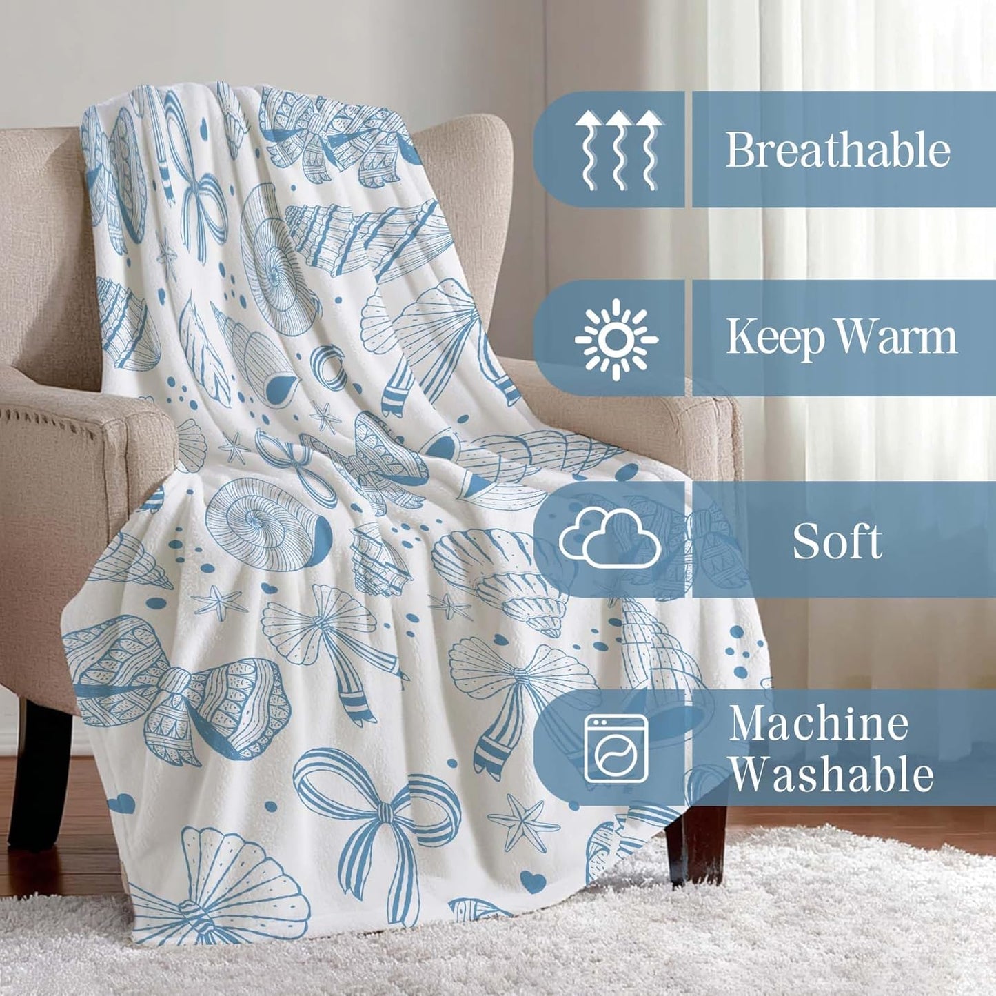MASLEK Coastal Shell Blanket Soft Cozy Flannel Throw Blue Bow Nautical Theme Soft Cozy Flannel Fleece Blankets for Sofa Couch Bed Room Birthday Decor, 50 x 60 Inch