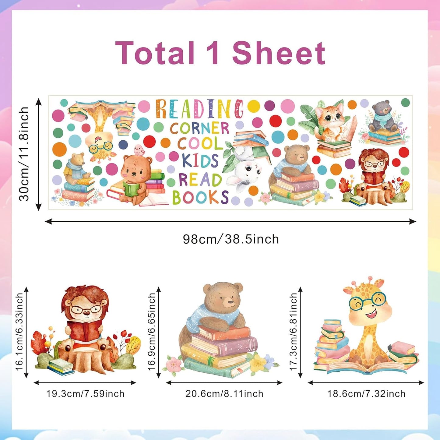 Reading Corner Decor,Reading Books Wall Decals,Learning Study Wall Stickers,Cartoon Animals Window Decals,Giraffe Bear Rabbit Read Books Stickers for Toddler Nursery Bedroom Classroom School