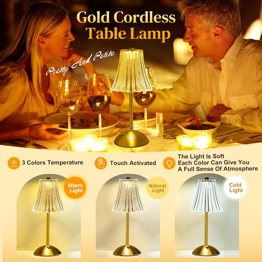 Cordless Table Lamps for Bedroom,Gold Cordless Battery Operated Table Lamp Rechargeable Decorative Bedside Dimmable Nightstand Lamp Small Touch Crystal Table Lamp,3 Color LED Lamp 2600mAh (Vintage)