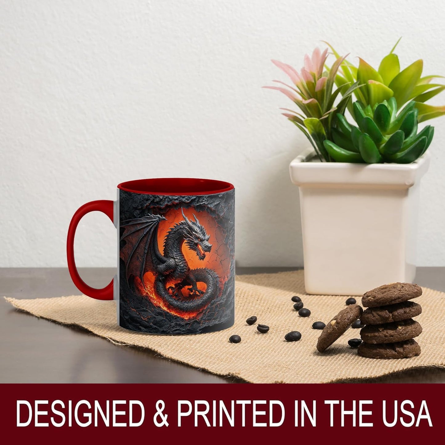 Dragon Coffee Mug, Red Handle and Interior, Fiery in Lava Cracked Design, 11oz Ceramic Cup for Fantasy Enthusiasts, Unique Gift for Men, Office, Home, Birthday, Christmas