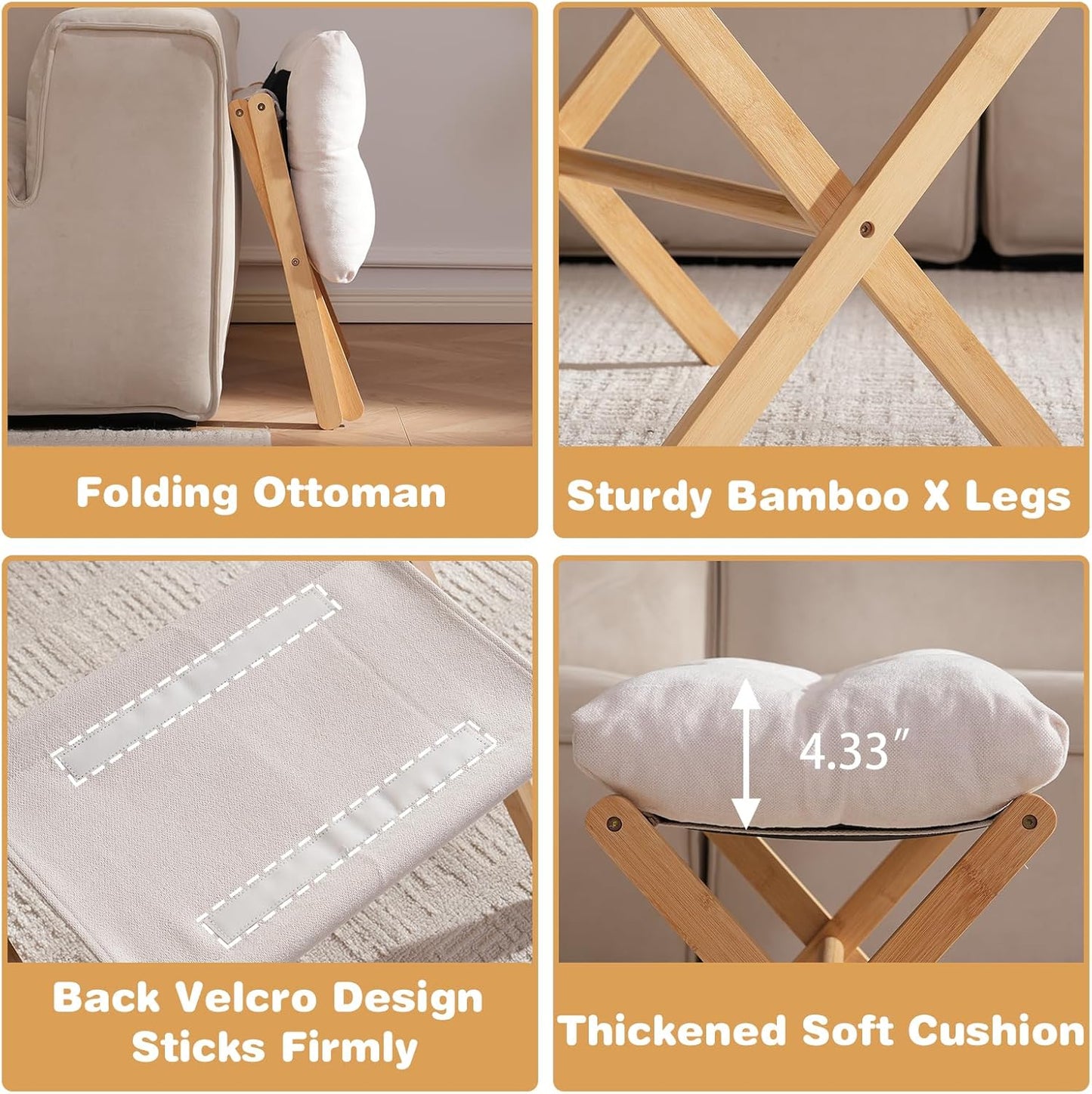 Ottoman Foot Rest- Bamboo Foldable Stool, Foot Stools Small Ottman with Upholstered & X Legs, Folding Stool for Makeup, Bedroom and Living Room (Large Beige)