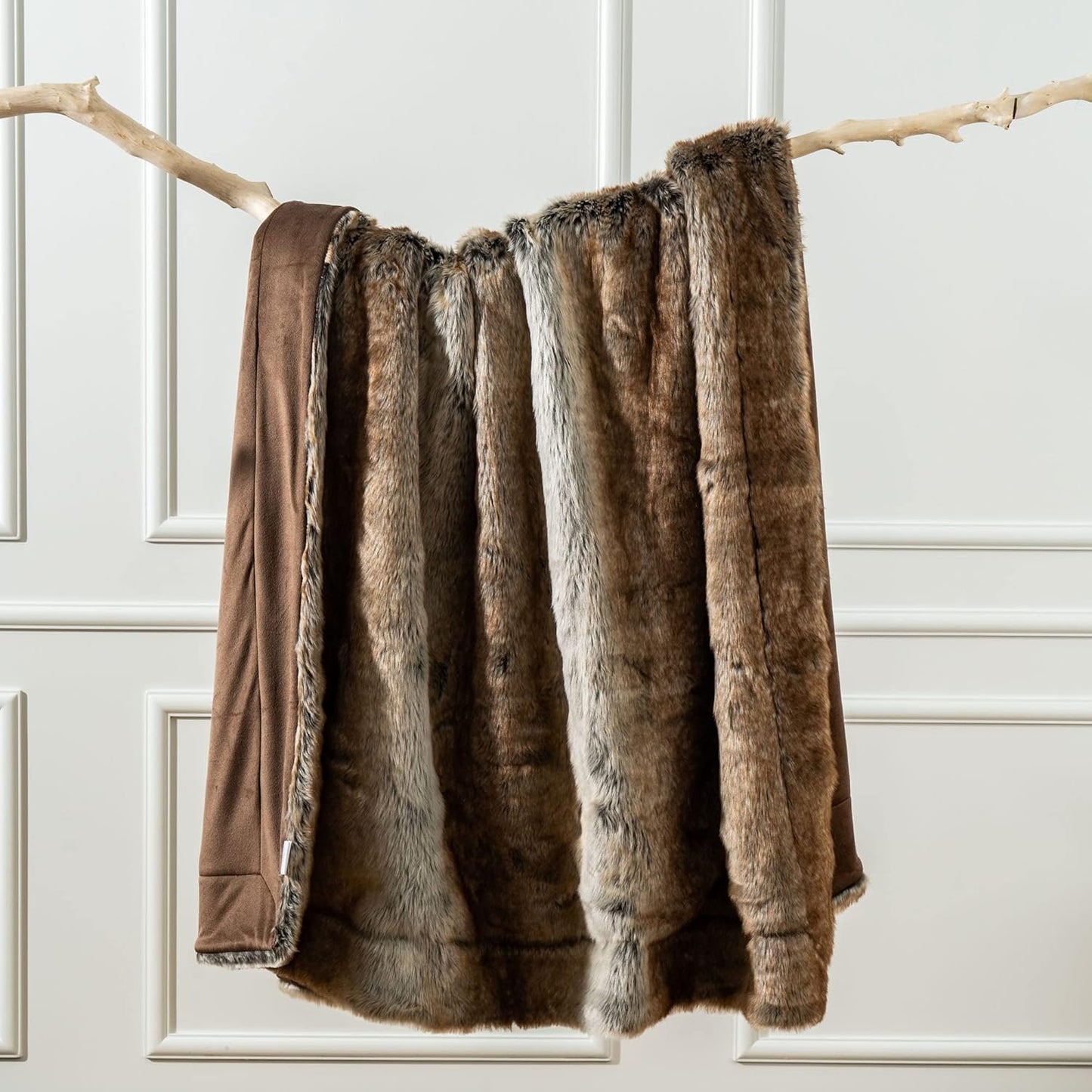 BATTILO HOME Luxury Brown Faux Fur Blanket Thick Warm Elegant Cozy Fuzzy Throw for Couch, Bed, Sofa Fluffy Blankets Decorative Reversible to Plush Velvet, 50"x60"