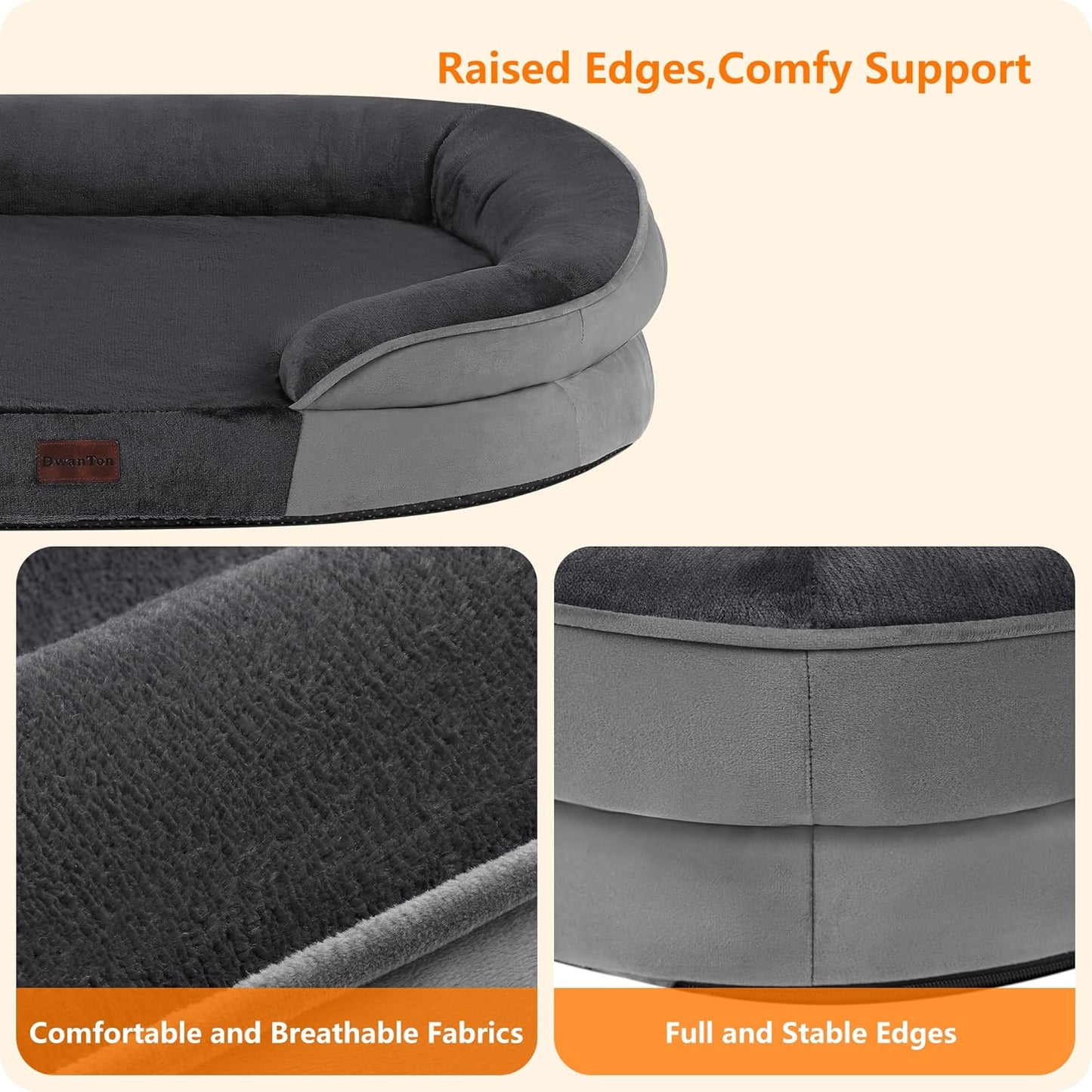 Dwanton Orthopedic Dog Bed for Large Dogs with Gel Memory Foam, Waterproof Dog Sofa, Washable Pet Bed with Four Sided Bolster Cushion, Removable Cover & Non-Slip Bottom, 42", Dark Gray