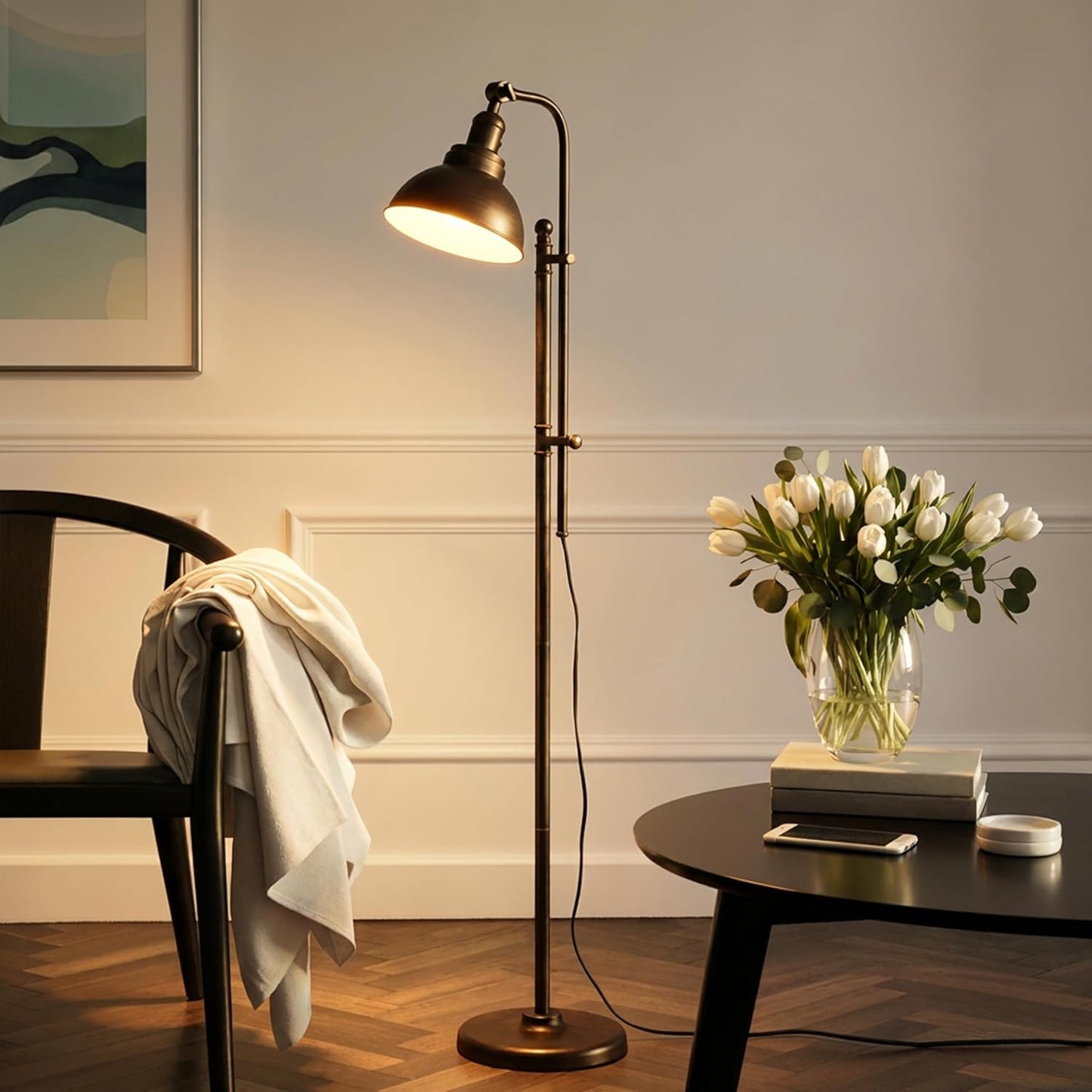 Brightech Dylan Industrial Floor Lamp for Living Rooms & Offices, Bright LED Light – Charming Farmhouse Standing Lamp, Adjustable Head Reading for Bedroom, Stunning Living Room Decor