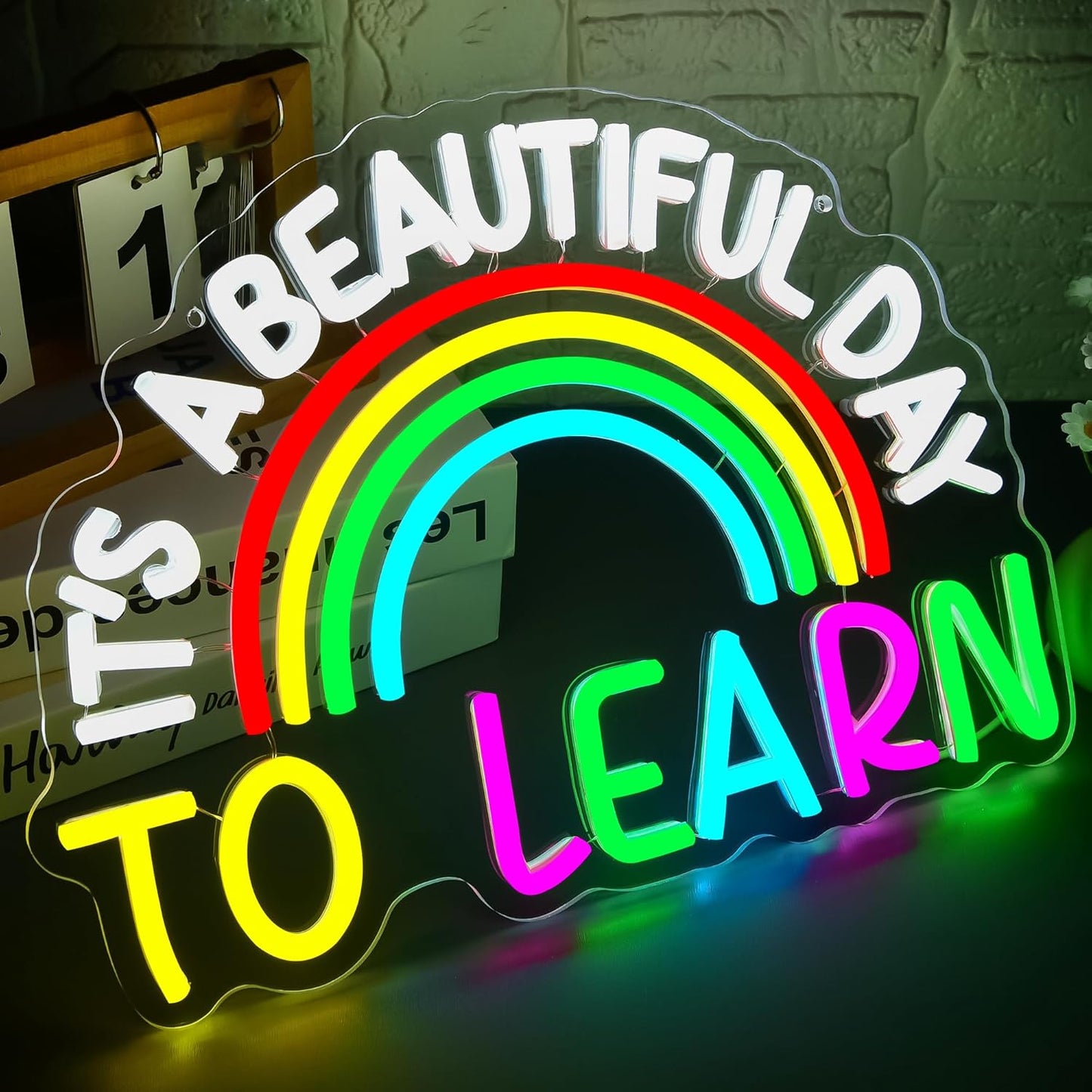 It's A Beautiful Day To Learn Neon Sign for Wall Decor Learn Neon Light for Classroom Dimmable Read Books LED Light Up Sign for Bedroom Study Room Library Office Birthday Gifts Size14.5*10.6In(JTD311)