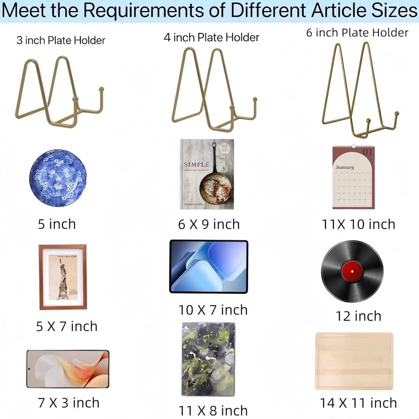 Display Stand Plate Holder,Decorative Metal Frame Easel for Photo,Book,Tabletop Art,Pictures,Cutting Board(3 inches)