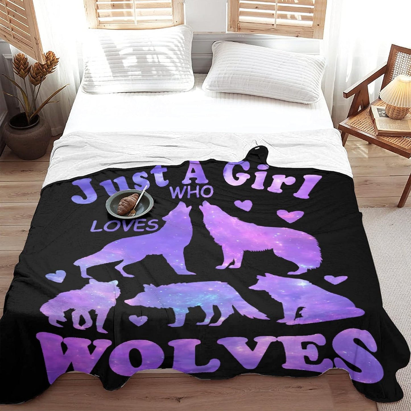 Wolf Blanket Stuffed Just Girl Who Loves Wolves Plush Gift for Kid Women Toddler Fleece Throw Cute Purple Animal Lover Lightweight Sheet Super Soft Flannel Blankets Decor Bed Chair Sofa-80"x60" Large