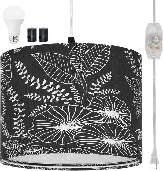 Plug in Pendant Light, Hanging Light with Plug in Cord with Dimmable Switch, Hanging Lamp with 15 ft Clear Cord, Black Pendant Light Fixture for Bedroom Kitchen Living Room