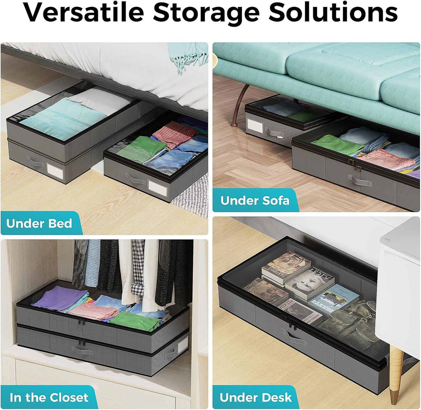 【4 compartments】2 Pack Under Bed Storage, Double Layer Extensible Underbed Storage Containers,Dust-free Clothes Storage Bins with Sturdy Sidewalls/Bottom,PVC Clear Window for Shoes Storage Organizer