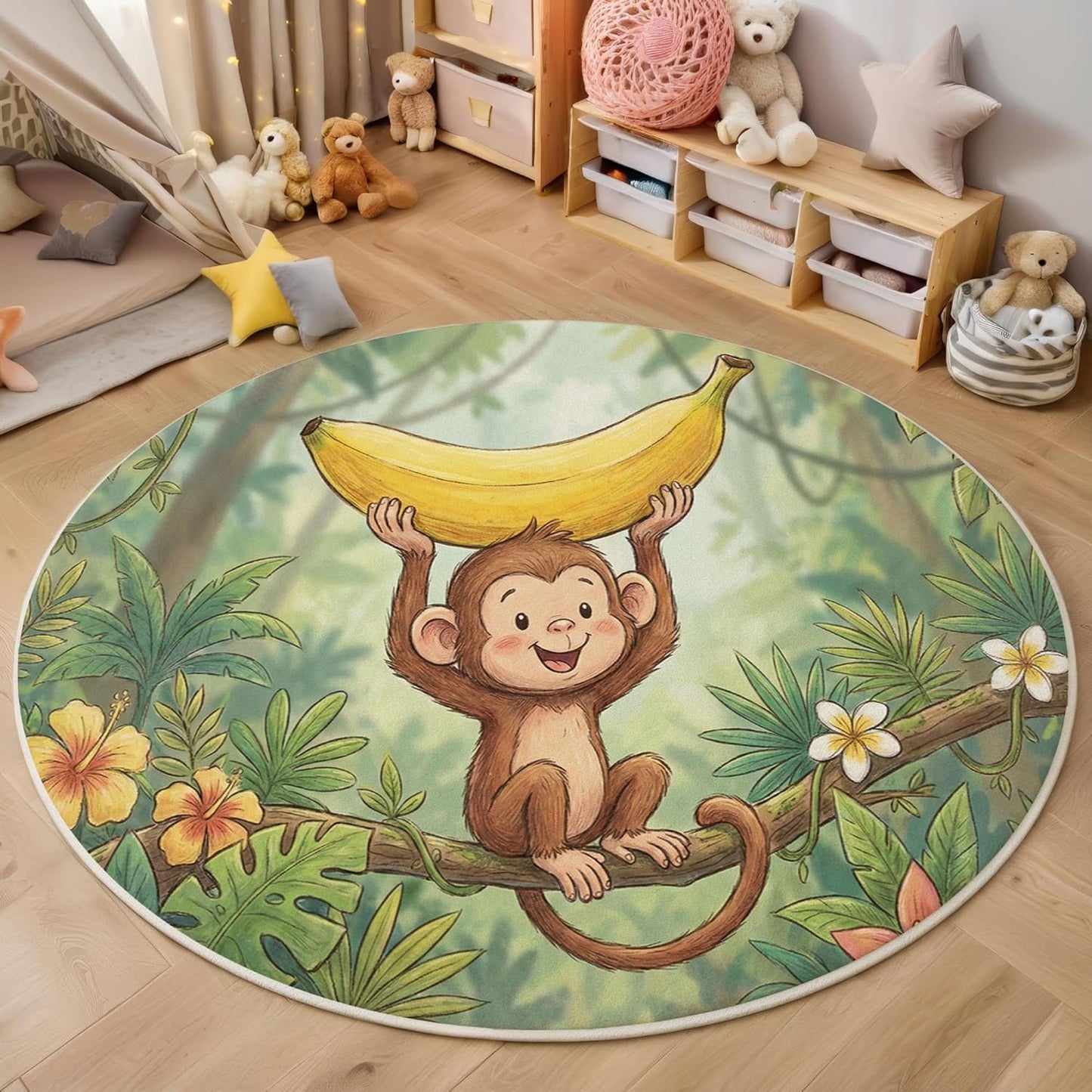 Round Rug for Kids Room, Cute Monkey Banana Round Rugs 3Ft, Tropical Plants Circle Rug, Forest Green Washable Circle Carpet for Living Room Bedroom, Non Slip Low Pile Thin Area Rugs