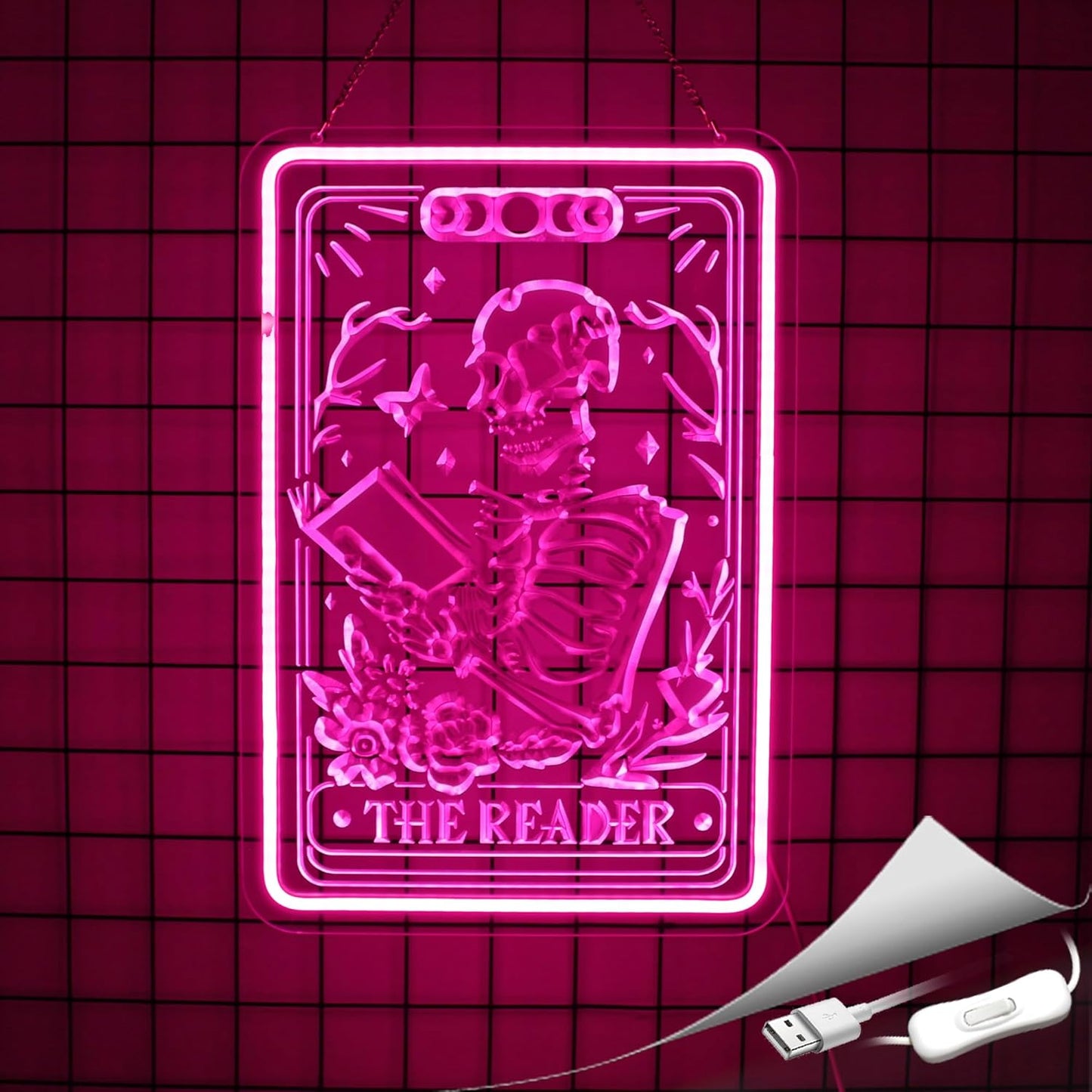 Skeleton Reading Book Neon Sign Led Neon Lights Neon Signs for Wall Decor USB Powered Led Neon Signs for Room Decoration