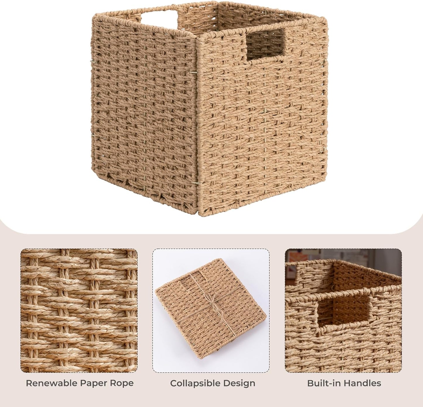 StorageWorks 11 inch Wicker Baskets, Handwoven Storage Cubes with Handles, Foldable Paper Rope Basket for Organizing, Natural, 2 Pack