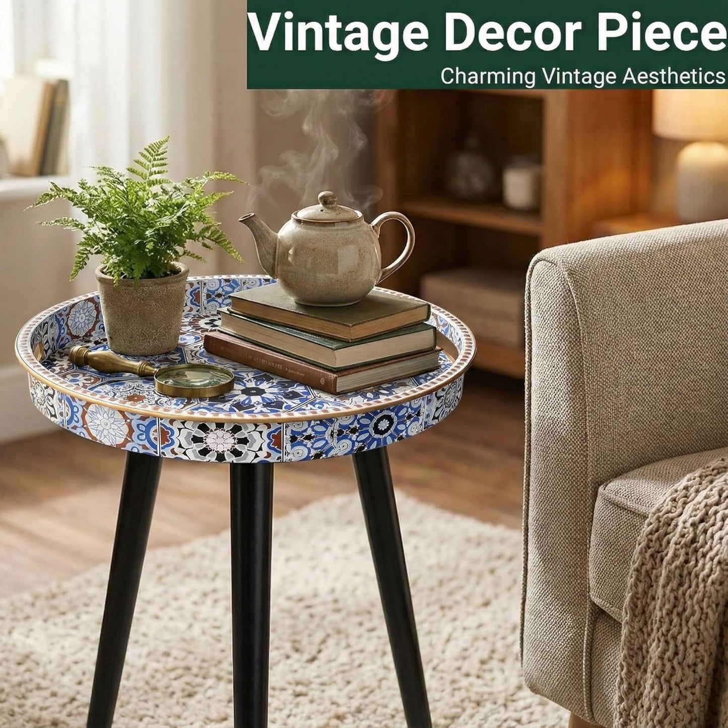 Zosenley Small Round Side Table - 13" Blue Boho Geometric End Table with Vintage Pattern Tray - Unique Artistic Accent Nightstand with Moisture-Resistant Wrapped Legs for Living Room Bedroom