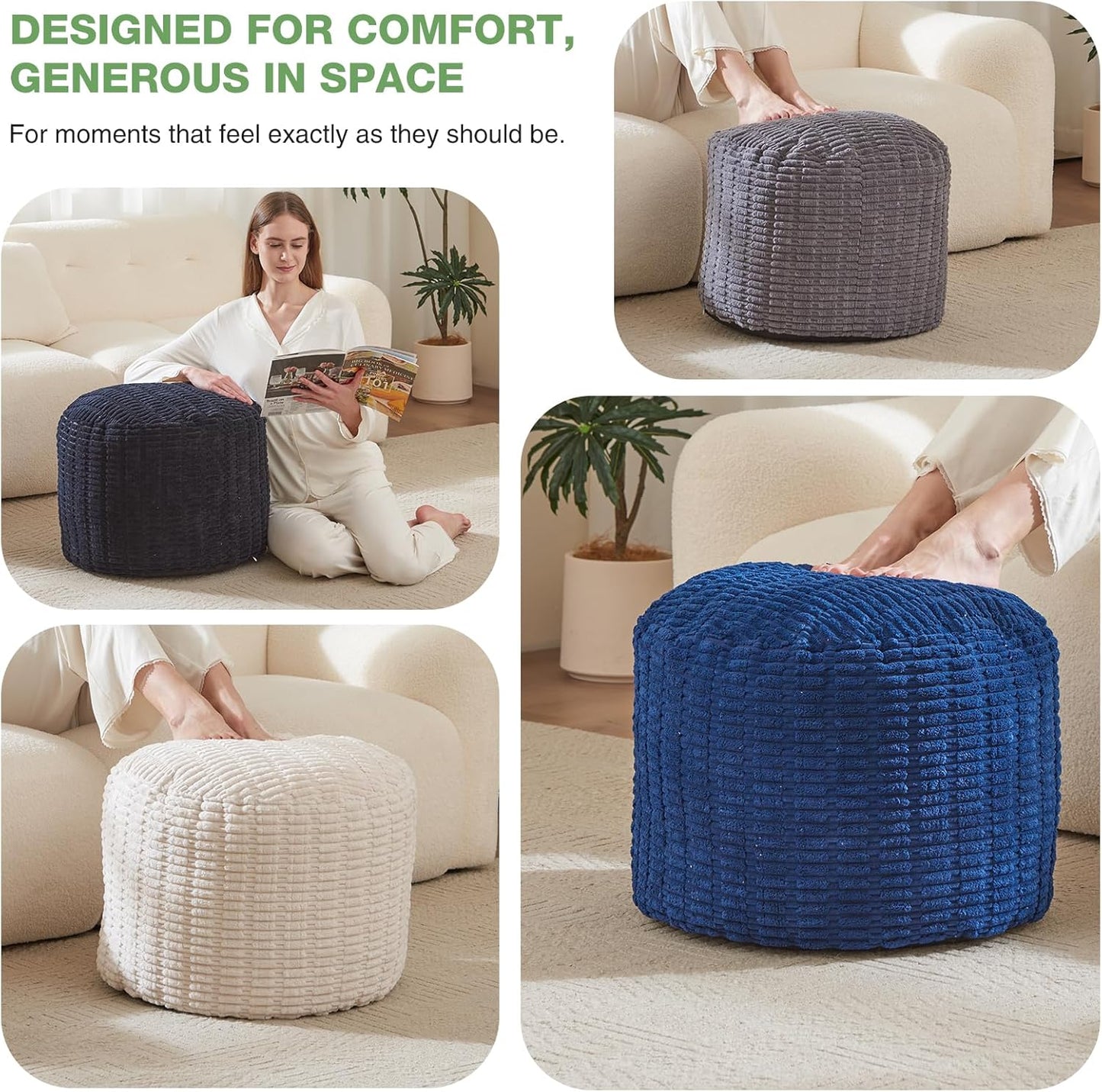 Round Stuffed Pouf, Corduroy Poufs with Foam Chunk Filling,20 X 15 Inches Floor Poufs Foot Rest for Living Room