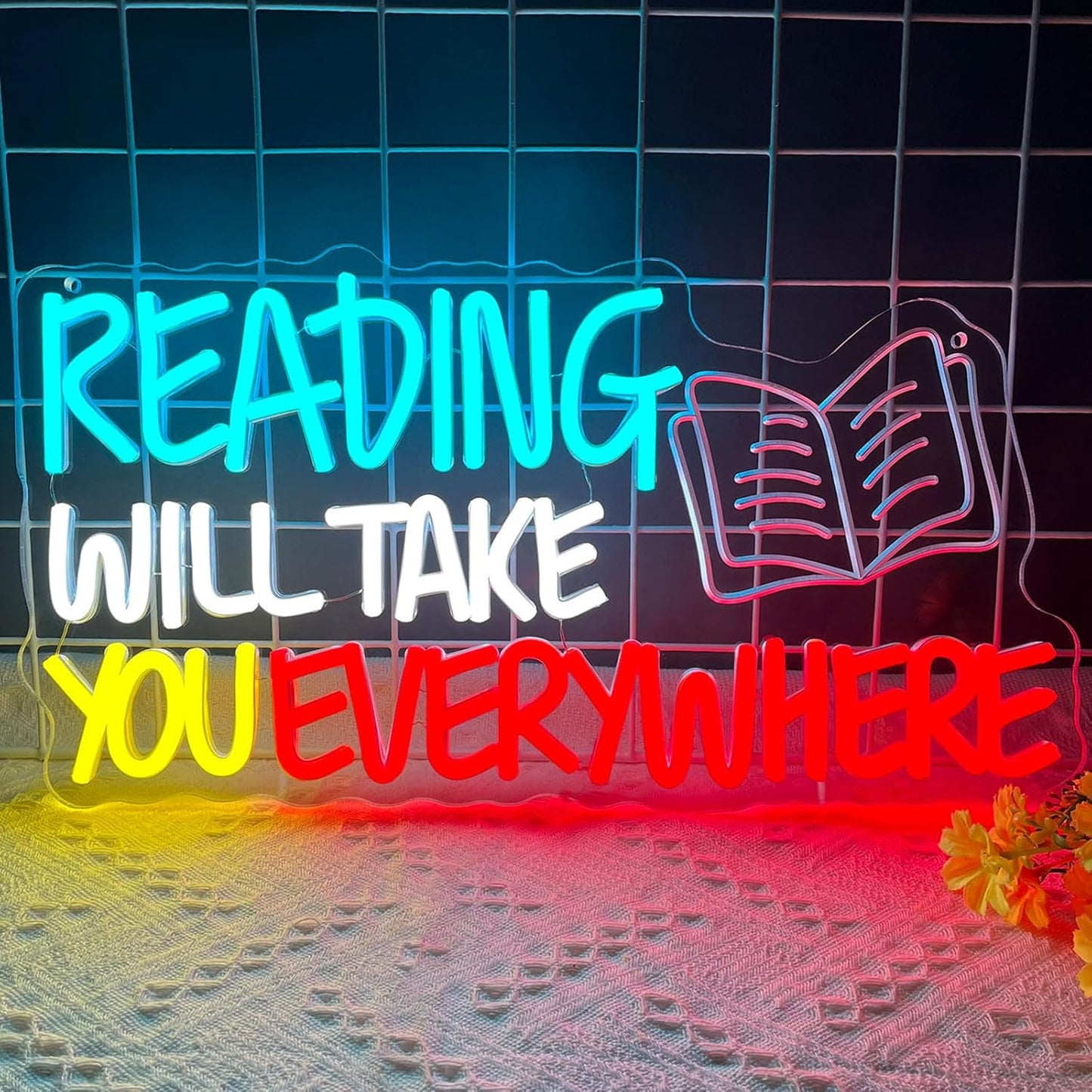 Read Neon Sign Reading Will Take You Everywhere Neon Signs, Read Books Neon Light for Wall Decor, Dimmable Student LED Neon Light Up Sign for Classroom Bedroom Bookstore Library Study Room Decoration Kids Presents