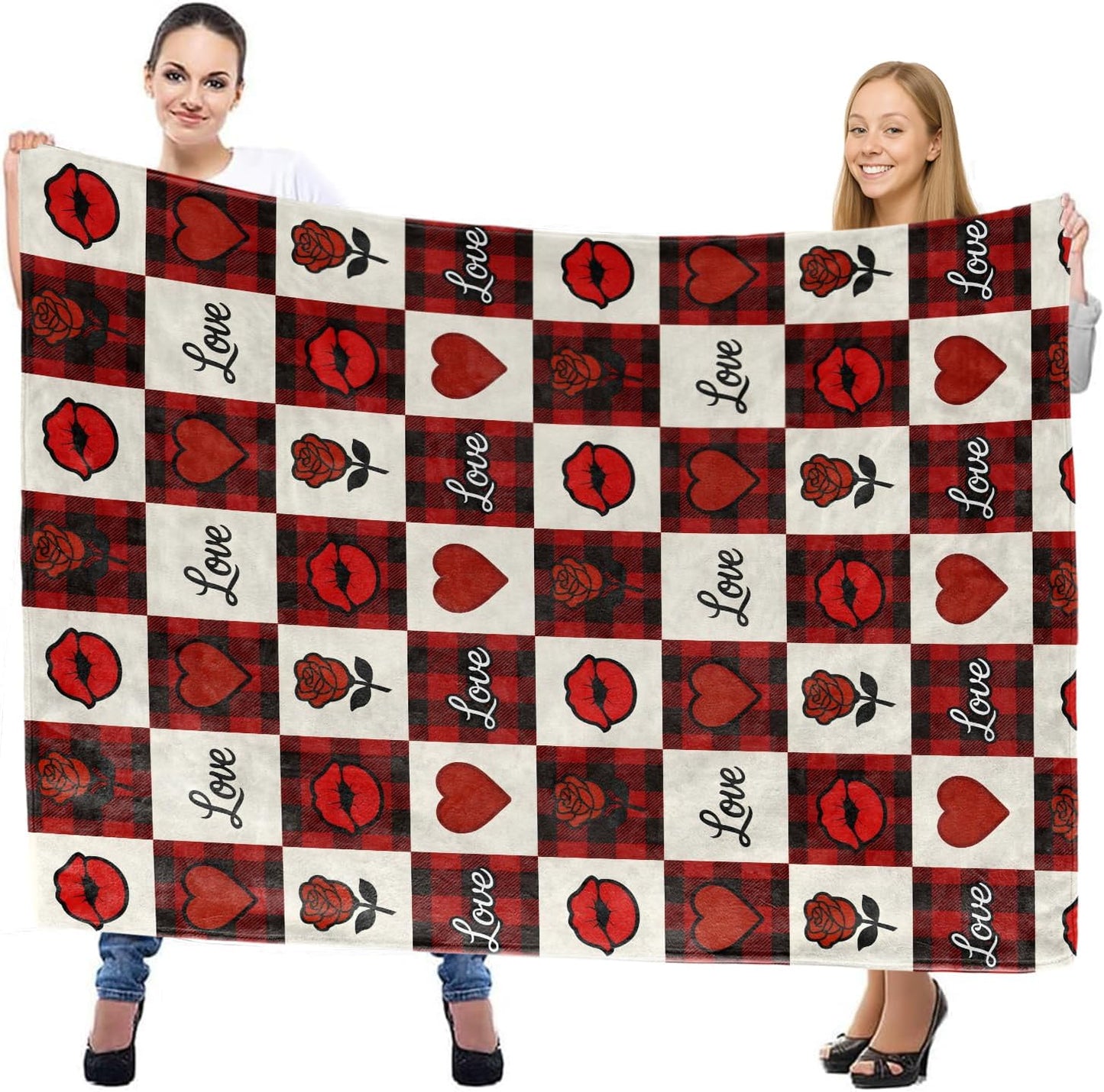 Romantic Love Throw Blanket, Lightweight Warm Red Black Buffalo Plaid Heart and Lips Flannel Blanket with Rose, Home Decor and Gifts, Soft Cozy Blankets for Women Couples, 50"x60" for Bed Couch Travel