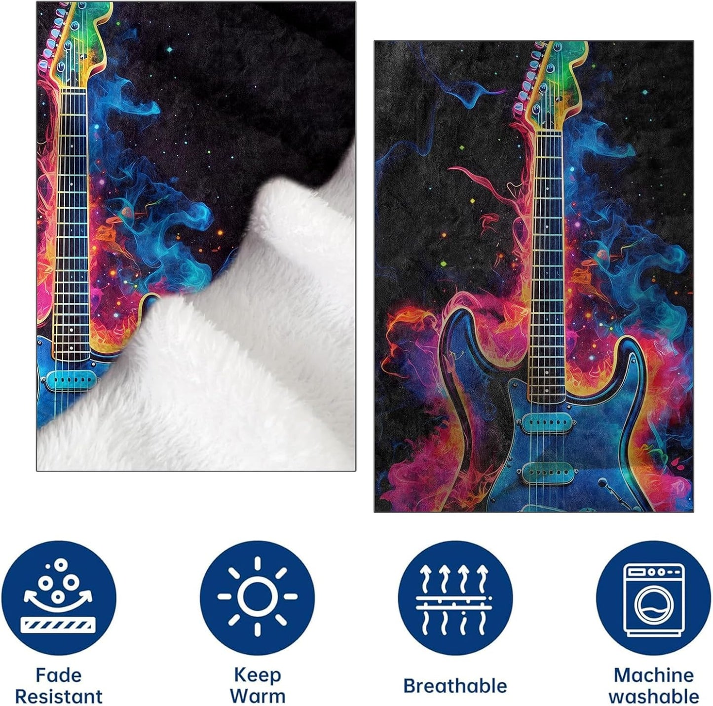 Neon Electric Guitar Flannel Throw Blanket 50x60 Inch, Colorful Fire and Musical Instrument Design Blankets Soft Cozy Fleece Throws for Music Lover Bed Sofa Dorm Living Room Decor Gifts