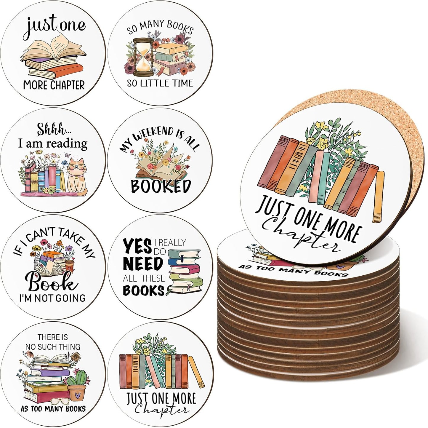 Hushee 8 Pcs Book Lovers Coaster Gifts Wooden Coffee Mug Coaster Favor for Librarian Bookish Merch Bookish Group Library Supplies Decoration Reading Club Favor Book Lovers Gifts(Read)