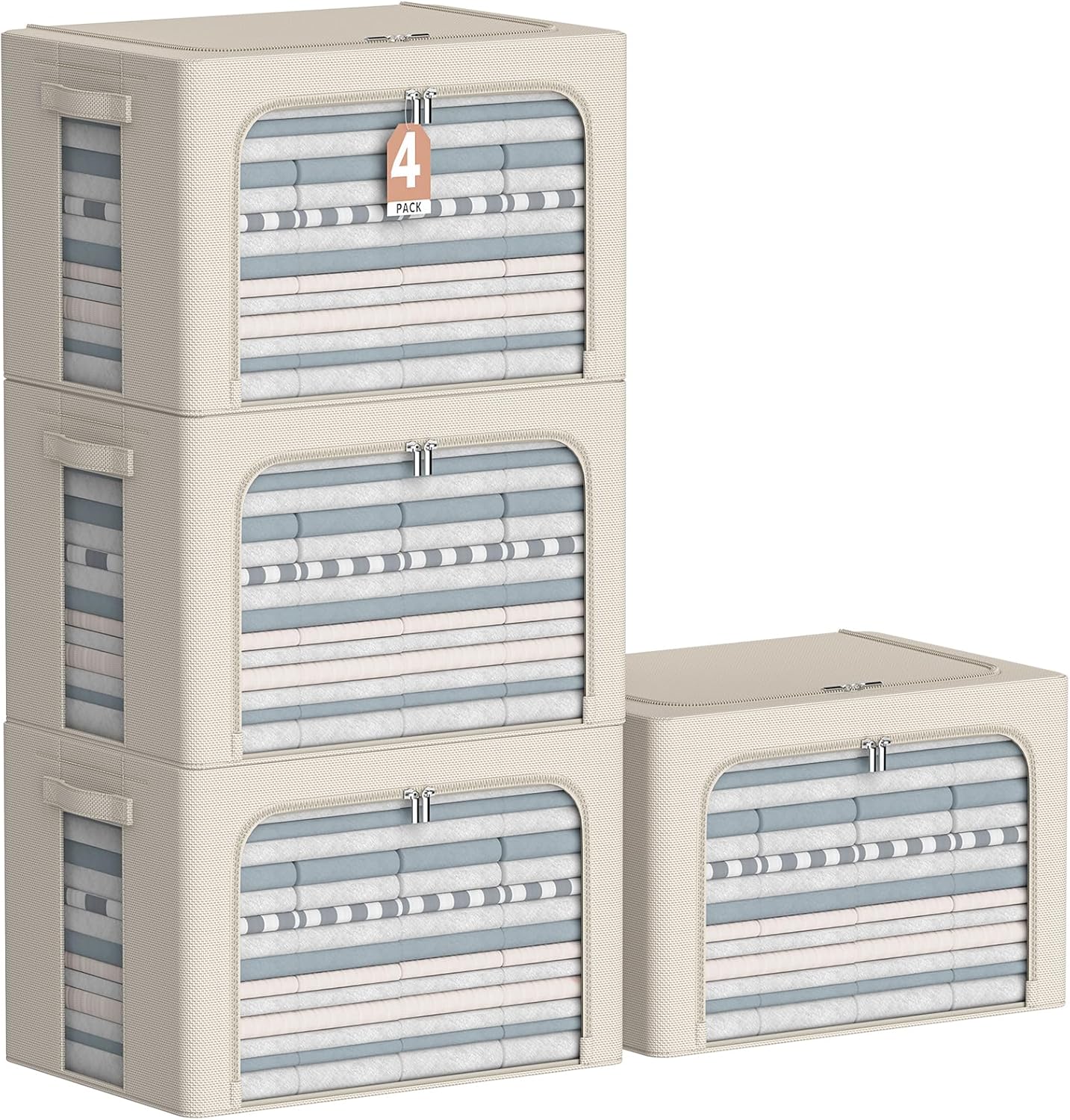 CYhom 4 Pack Clothes Storage Bins - Oxford Fabric Metal Frame Storage Box - Foldable Stackable Container Organizer Set with Clear Window & Carry Handles & Zippers (Beige, 23.6"x19.7"x15.7")