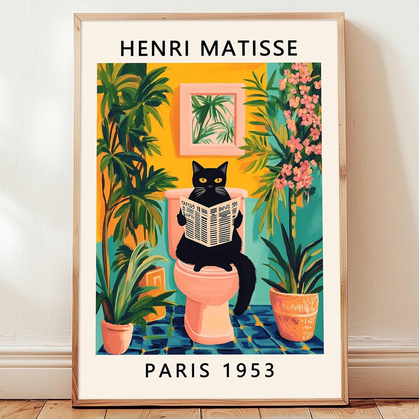 Matisse Black Cat Wall Art Funny Animal Aesthetic Posters Aesthetic Preppy Pictures Boho Artwork For Bathroom Black Cat On Toilet Reading Newspaper Wall Art Matisse Botanical Prints 16x24in Frameless