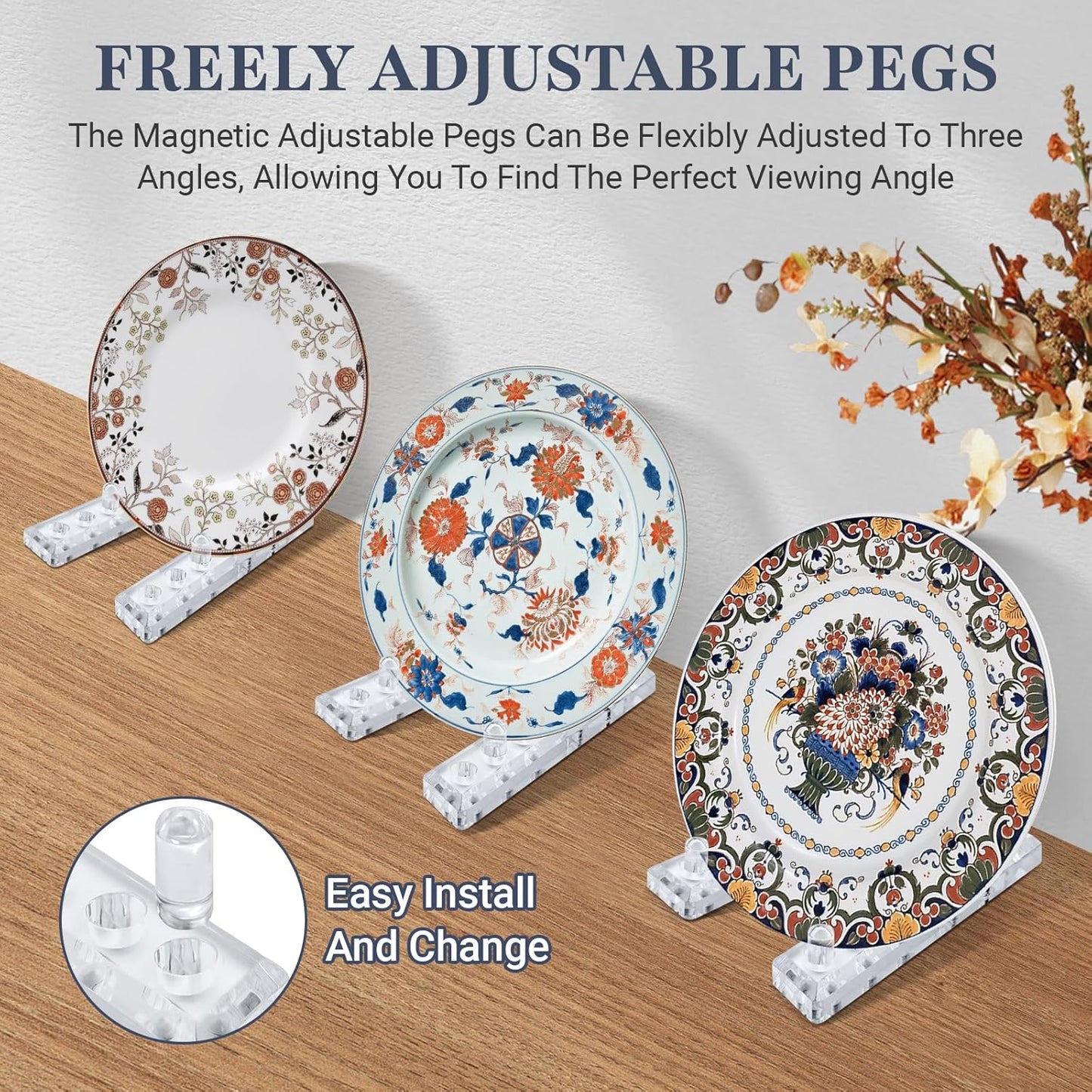 2 pack Acrylic plate holders for displaying, Adjustable dish display stand suitable for Display Plates Photos Holder Picture Frames or Other Items at Weddings, Birthdays, Home Decoration, Tables.