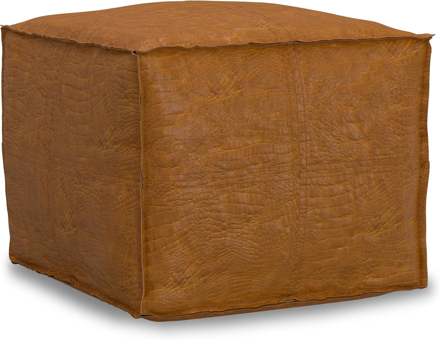 SIMPLIHOME Brody Square Pouf - 18 inch Wide Upholstered Genuine Leather Ottoman in Tan, Boho Footstool, Coffee Table or Extra Seating for Living Room or Bedroom, Assembled