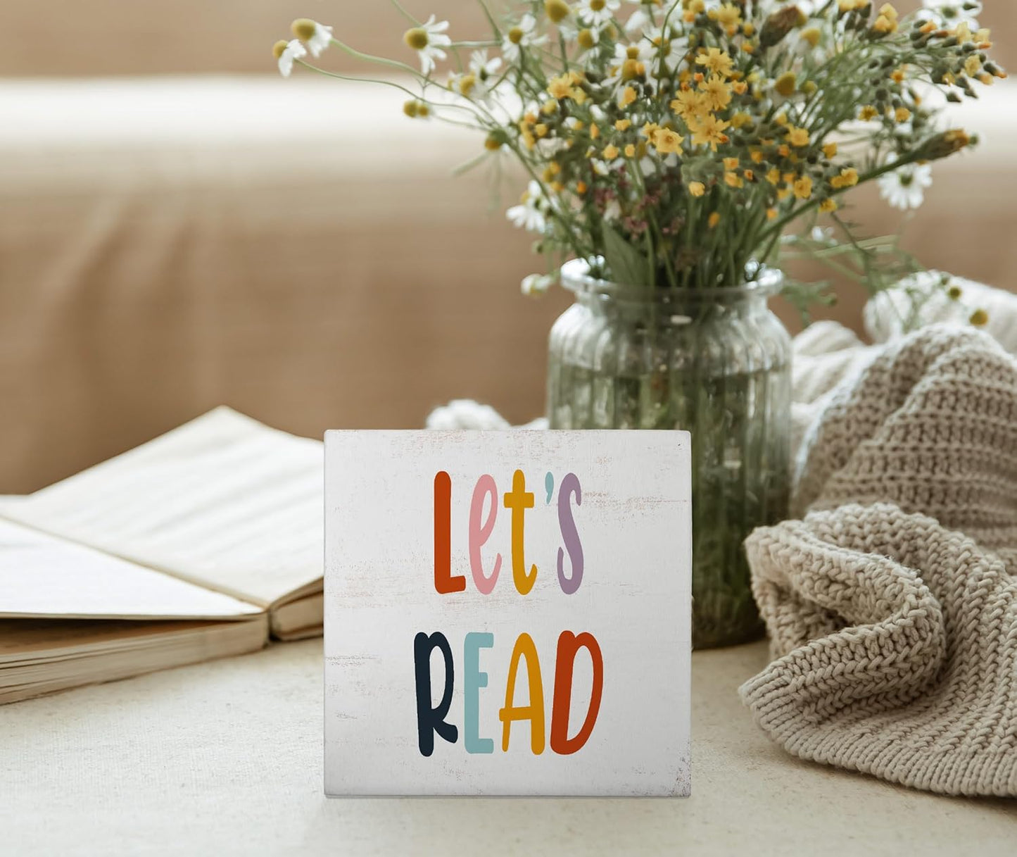 Mtrgdn Reading Corner Decor for Classroom,Boho Classroom Reading Nook Desk Decor,Let's Read Sign Wood Box for Homeschool Library Bookshelf Nursery Kids Reading Room,5x5 Inch