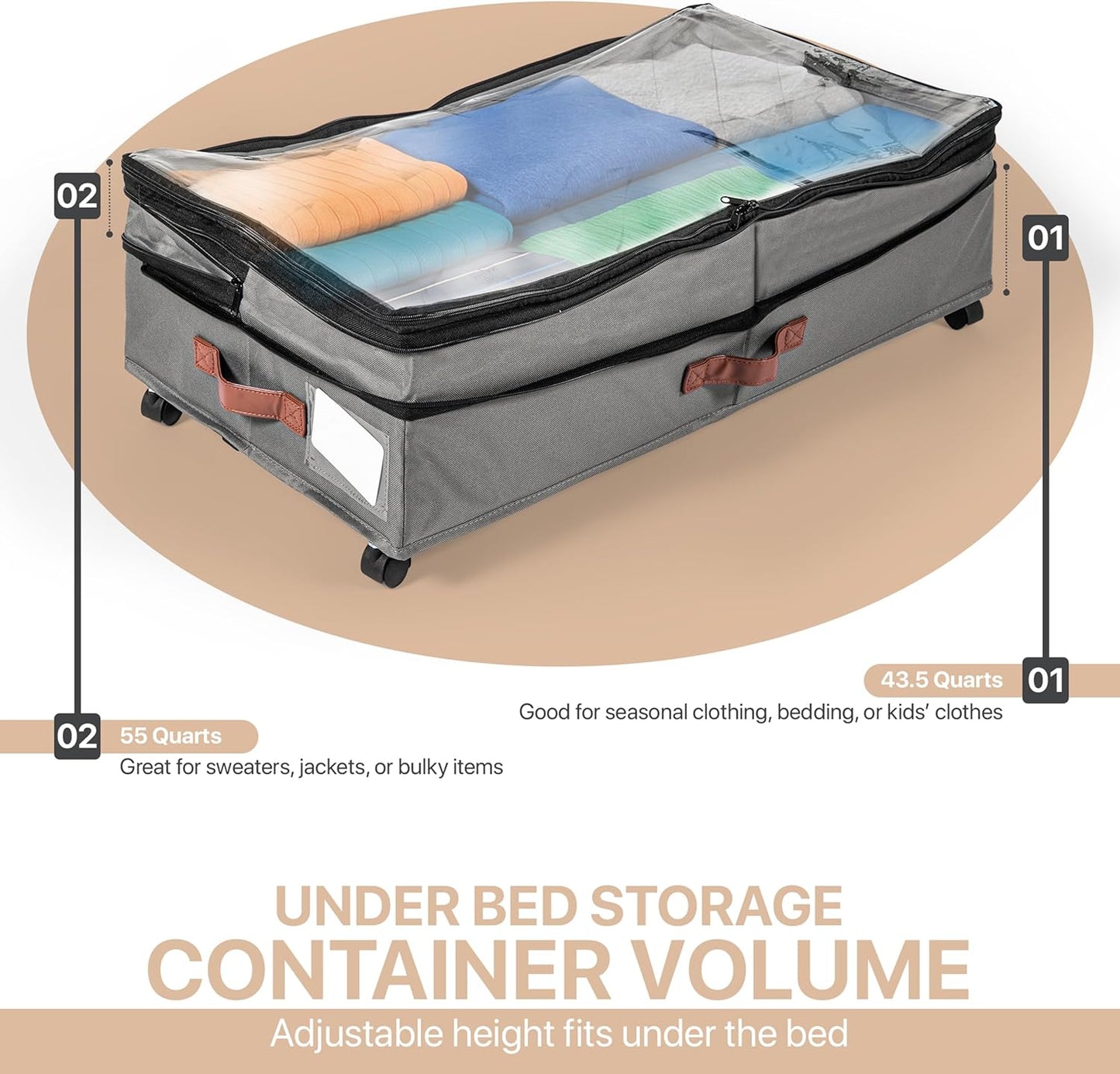 Expandable Under Bed Storage with Wheels 2 Pack – Large Under Bed and Closet Storage - Expandable Storage Bins with Lid & Dividers, Low Profile Storage Solution for Clothes, Shoes Great for Dorm Rooms