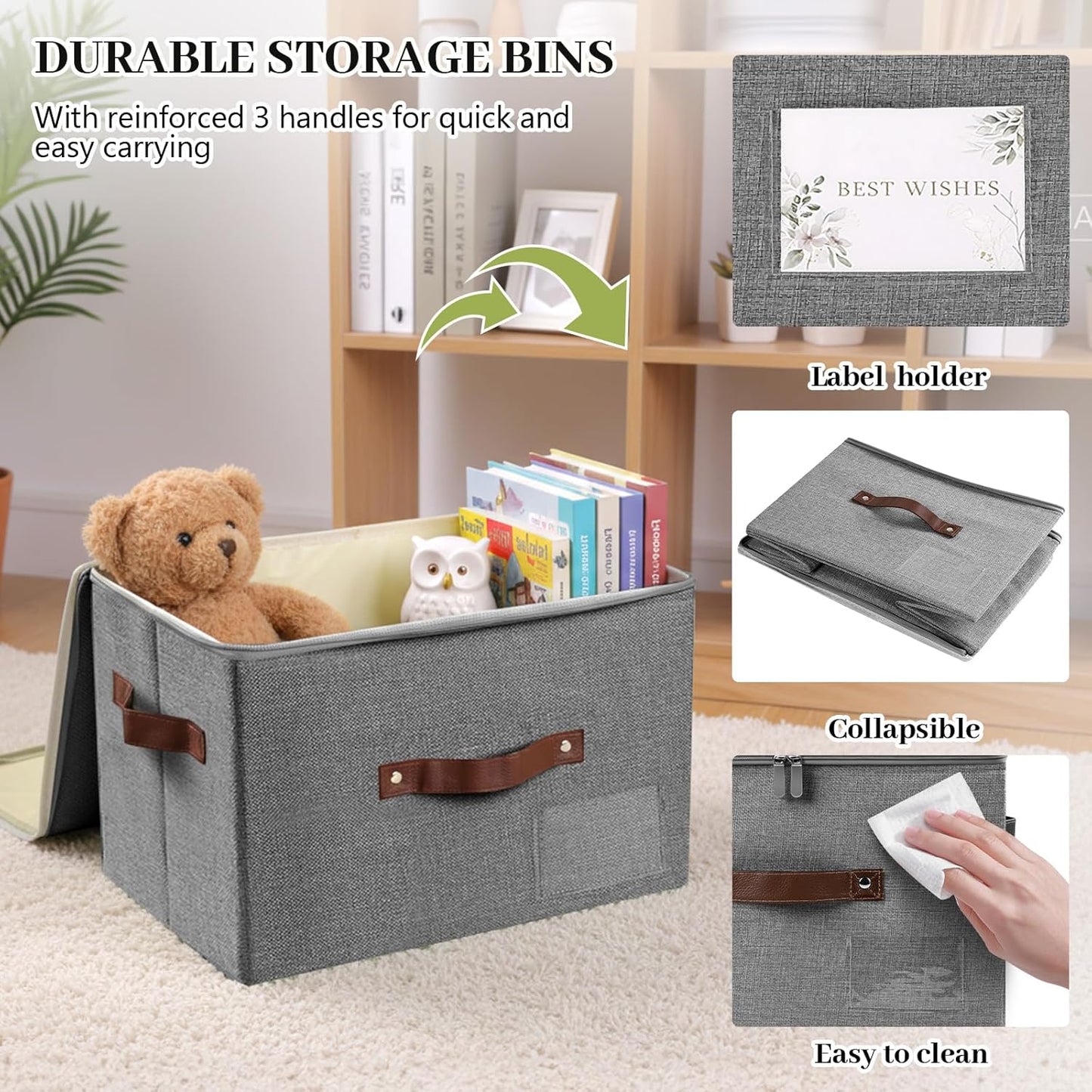 Lucky Monet 1PCS Storage Bins with Zipper Lids 10"x8"x7" Foldable Lidded Fabric Storage Boxes Baskets Cotton Linen Closet Shelf Clothes Organizer Container with Handles & Label Pocket (Grey, Small)