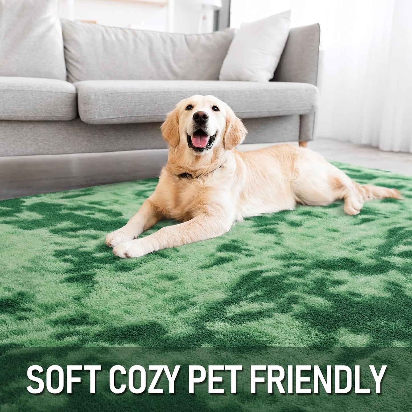 Hutha Large Area Rug, 7x10 Tie-Dyed Green Fluffy Shag Rugs for Living Room Bedroom, Modern Aesthetic Super Soft Anti-Skid Indoor Carpet for Nursery Kids Room Home Decor